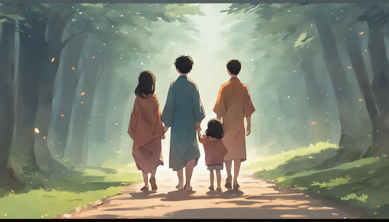 an asian family of four consists of four members: parents and two sons walking hand in hand on a long road leading to distant hills, few trees, high quality photos, real photos, super realistic , family near camera angle, taken with Canon EOS 5D, ((full body)), just four people, family standing back to the right,Everyone turns to the camera