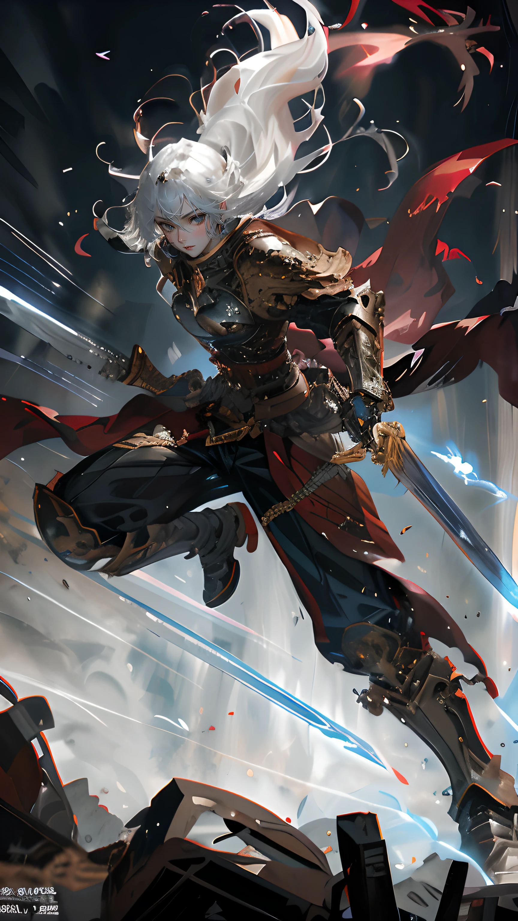 Anime characters with swords and armor in dark environments, 2. 5 D CGI anime fantasy artwork, krenz cushart and wenjun lin, guillem h. pongiluppi, by Yang J, Detailed key anime art, artgerm craig mullins, shadowverse style, krenz cushart and artem demura，woman，Armor details