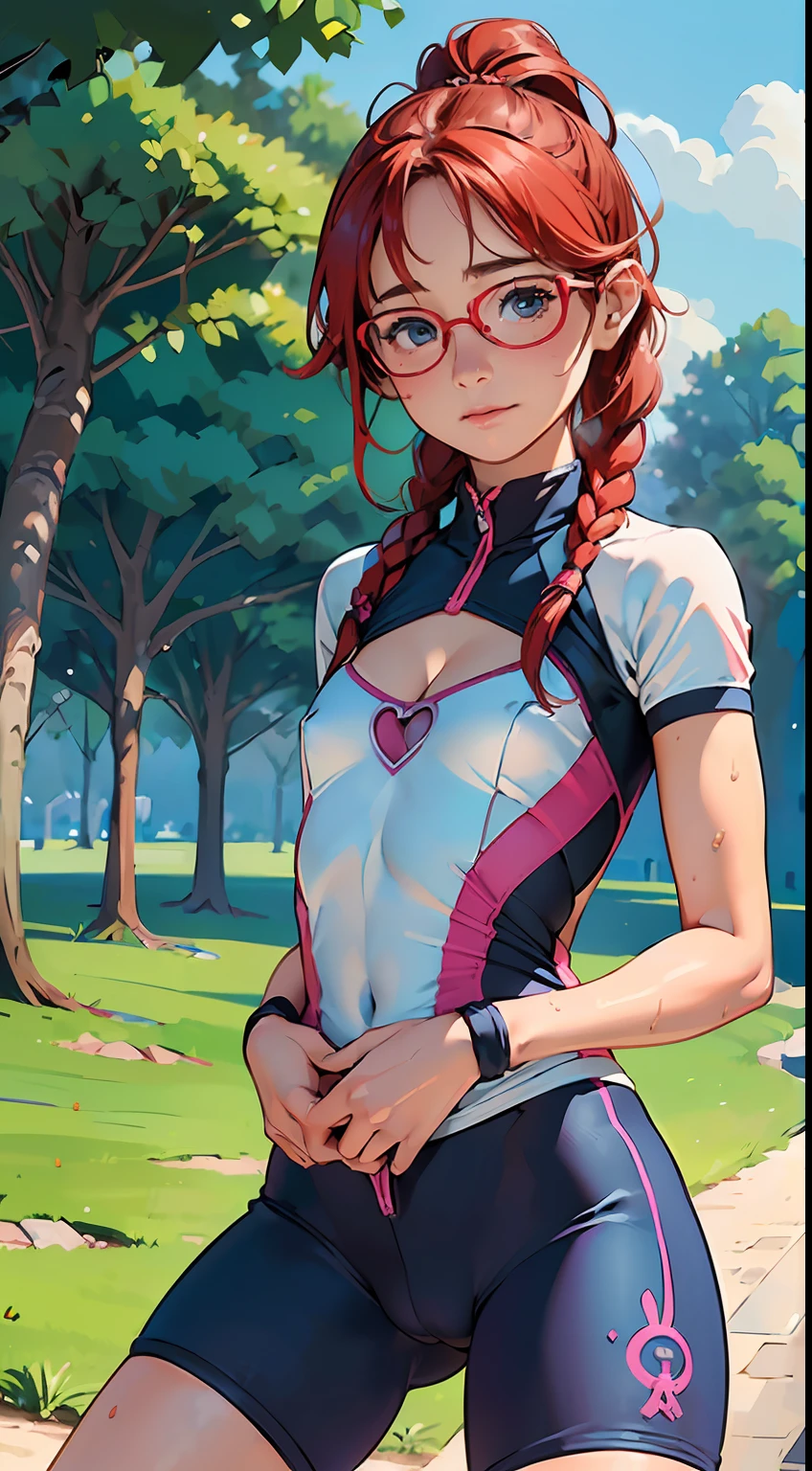 (burst into laughter),glasses,(colorful cycling uniform:1.4),(covered erectile :1.3),(Muscular:1.5),(cleavage cutout:1.3), (show off Cameltoe:1.3),(Cameltoe:1.4),(wet uniform:1.2),( through clothes),(top-quality:1.5)、(masuter piece:1.5)、(hight resolution:1.5)、(Raw photography:1.5)、realisitic、Photorealsitic、high detal、film grains、Detailed skin、Bloomlight、Symetrical、8K、extremely delicate and beautiful、illustratio、 1girl in, (cute face),(medium chest:1.3),braid ponytail,medium hair,red hair,Thin leg,delicate and pretty,(face perfect),beatiful detailed eyes,Real Human Skin,pores,li face,(13(Peerless beautiful girl),Midsummer,midsummer sunshine