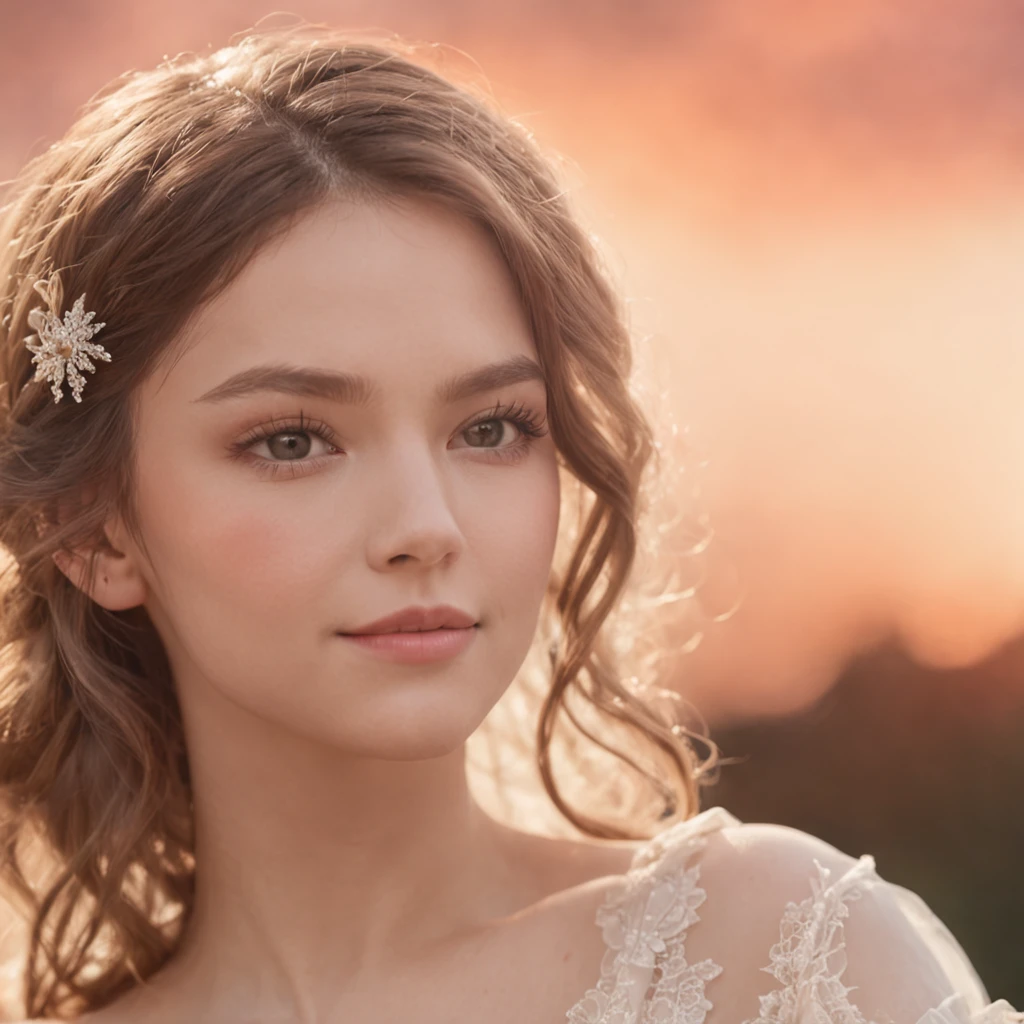 masterpiece, best quality, movie still, 1girl, cloud girl, floating in the sky, close-up, bright, happy, warm soft lighting, sunset, (sparks:0.7)