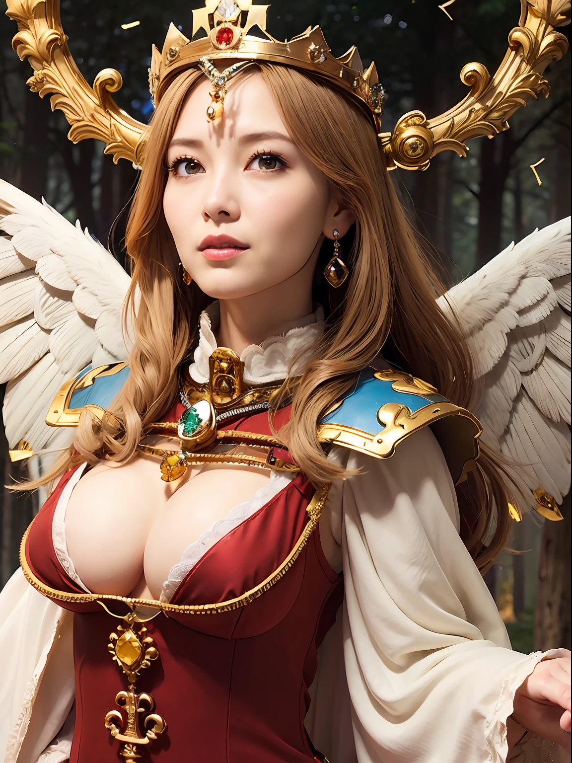 (masutepiece), Professional , masterpiece、top-quality、photos realistic , depth of fields 、(Wind element),tornado,Lightning,(Gemstone Silver Metal Body:1.9),(Matte White、(Gangle's forest background),(Brown hair long straight)、Jewel Gold Weapon、(Castle background),Gorgeous metal weapons,(Detailed and realistic angel white wings) , Detailed Sword of the Brave , Beautiful knife 、delicated face、20 years girl ,warhammer 40k , adepta sororitas,Detail and ornate jewel crown、a blond、(Gangle's forest background)、Beautiful Caucasian beauty、1a person、dynamic ungle,(((Detailed and ornate diamond crown)))、Smaller head、A smile、Powerful poses、Beautiful thin fingers of a woman、cleavage of the breast、