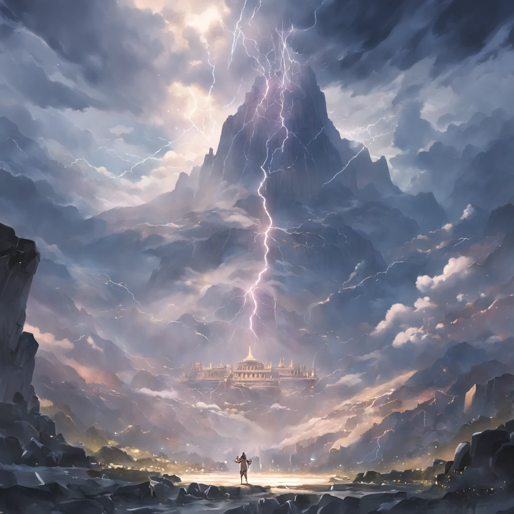 Against a stormy sky, we see the majestic Mount Olympus, supreme abode of the gods of Greek mythology, its peak shrouded by thick, dark clouds. Lightning bolts cut through the air as thunder booms across the steep slopes. At the top of the sacred mountain, imposing marble temples and colonnades rise, shimmering white. Colossal statues of Zeus, Poseidon and Hades, magnificent in their divine glory, flank a wide pathway leading to the central hall of the twelve Olympian gods. Carved lions and gargoyles guard the entrance. To the left, the Muses' garden, to the right, Hera's gilded orchard. Waterfalls cascade from the heights and eagles soar the peaks in majestic flight. The whole scene exudes an atmosphere of might and divinity.