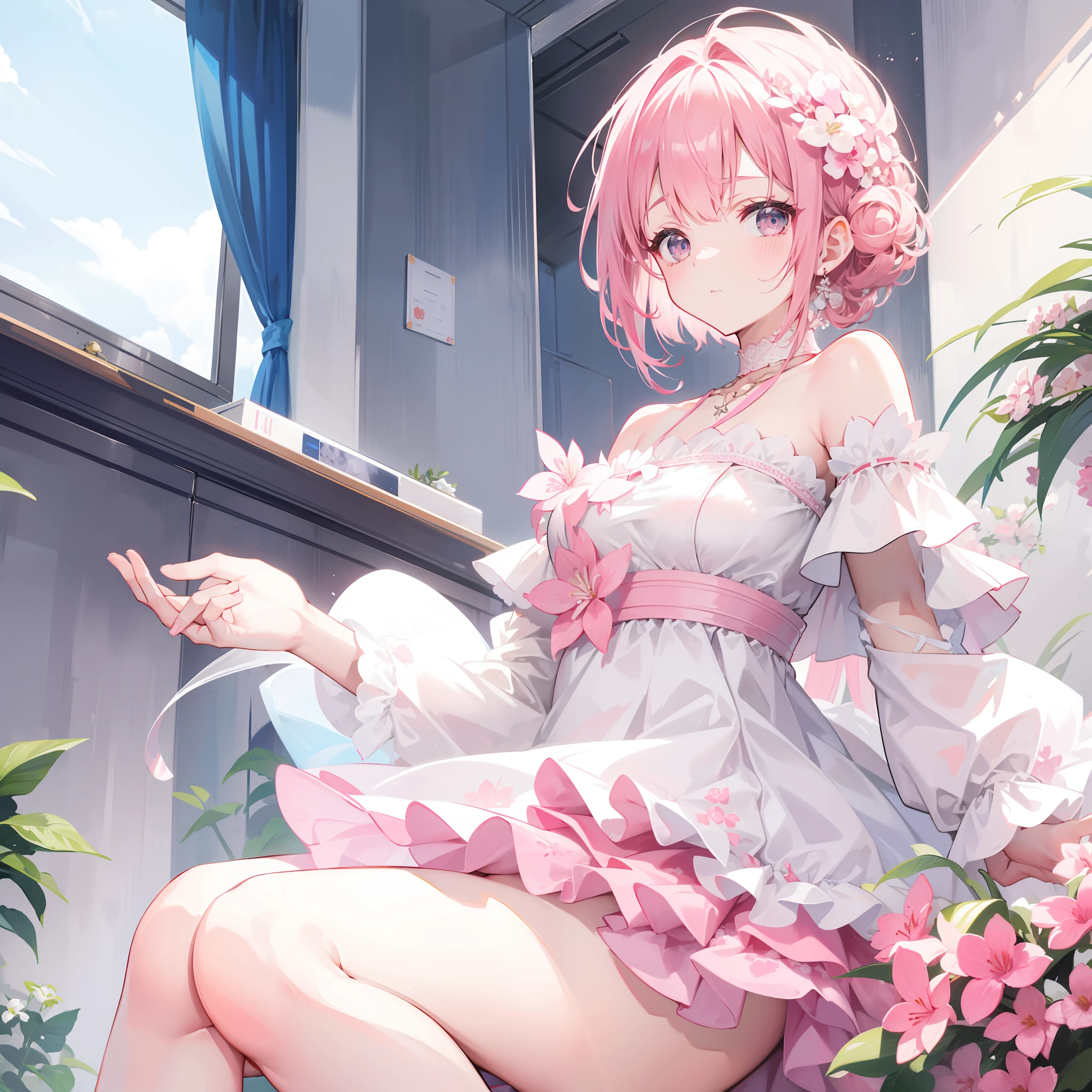 Short pink and white off-the-shoulder hair,Scallop white floral dress,Dignified and lovely teacher, Beautiful girl