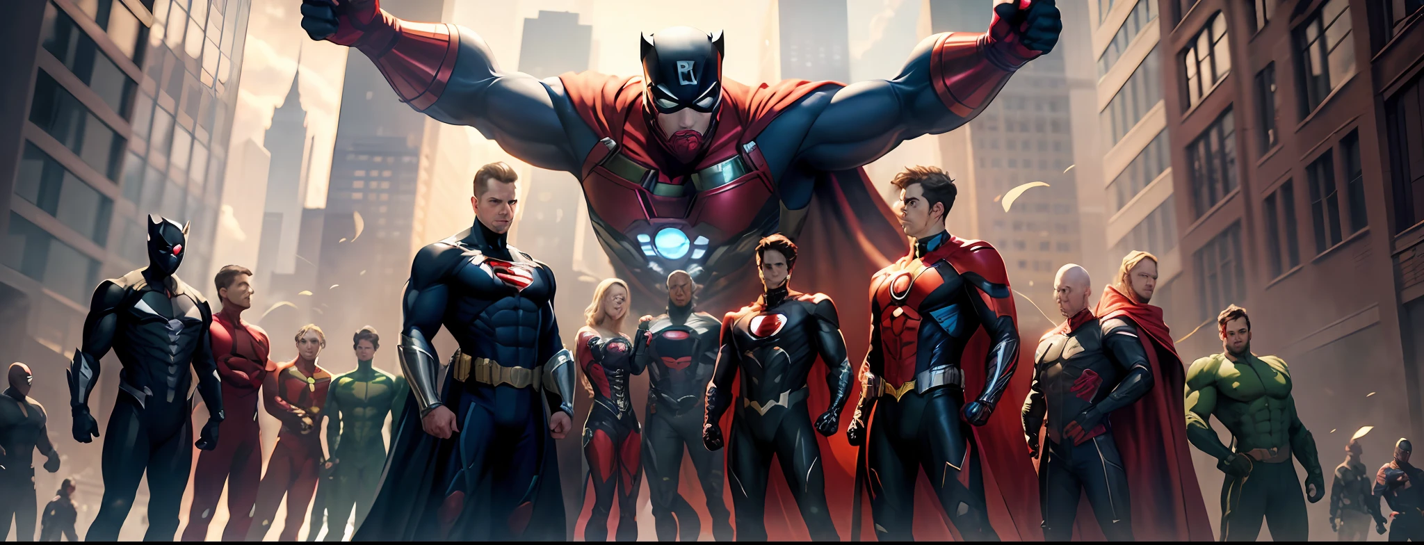 10boys, all superhero, Superman, ironman, hulk, Spiderman, batman, captain America, black panther, vision, ant-man, thor, standing, full body, full costume, wearing a mask, hq art