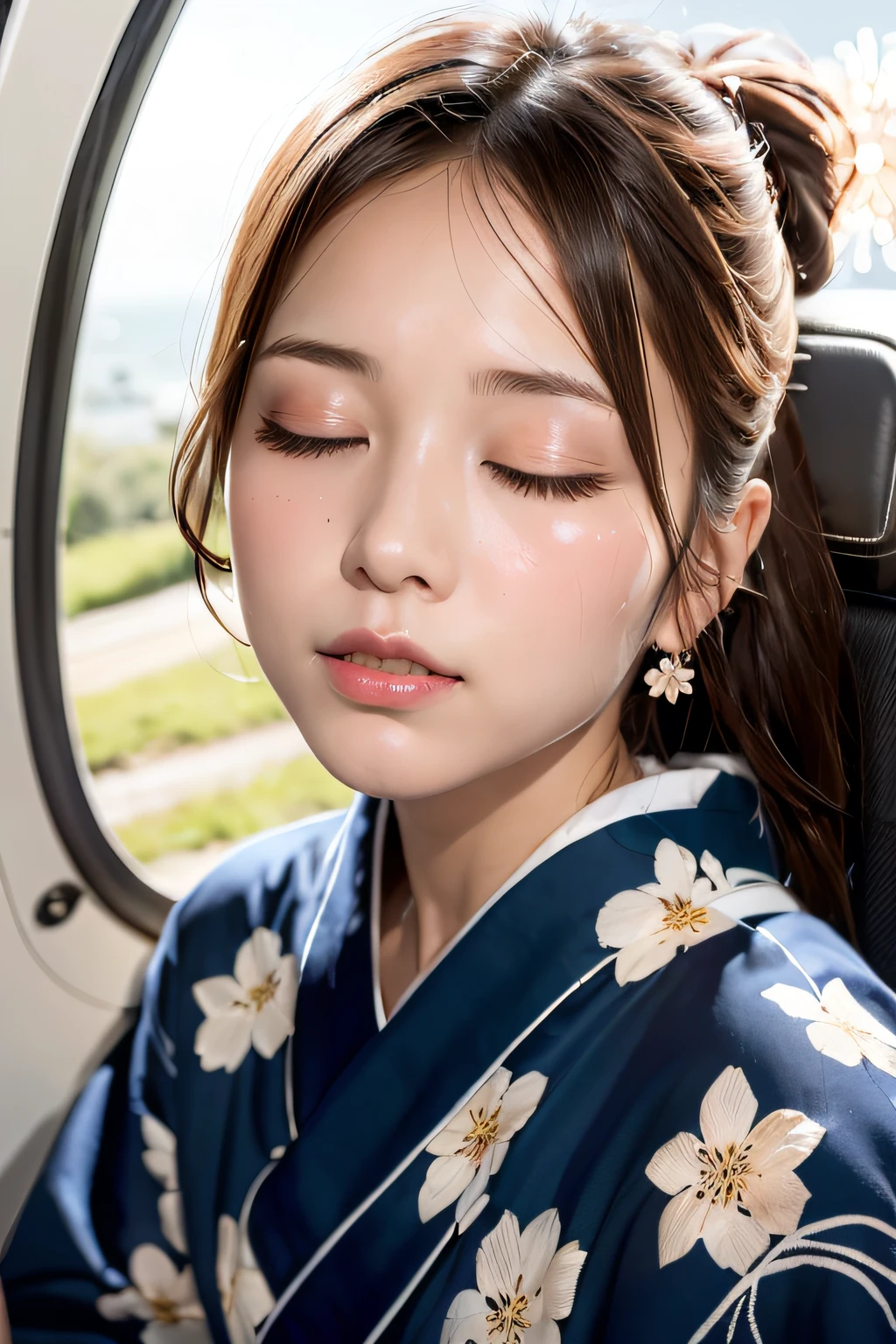 (masterpiece:1.3), high resolution, ultra detailed, extremely detailed CG unity 8k wallpaper, realistic, photo-realistic, RAW photo, beautiful detailed face, pale skin, realistic glistening skin, detailed cloth texture, detailed hair texture, Perfect body, Beautiful Face, accurate, Anatomically correct, Highly detailed face and skin texture, natural neck length, (beautiful hands), (fair skin:1.2), Thin legs, Thin feet, (well-aligned teeth:1.1), (sweaty skin:1.2), (A view of countless fireworks outside the window at night:1.2),
BREAK,
Detailed eyes, symmetric eyes, Light Brown eyes, Double eyelids, Thin eyebrows, Teary eyes, (Sexy lips:1.2), ((Closed eyes with waiting for a kiss:1.2)), (blush:1.1), (A sparkling small hair accessory:1.1),
BREAK,
(A classy and Cute girl:1.3), (Wearing A navy blue yukata with white flower patterns:1.2),
BREAK,
(large breasts), slender figure, firm abs, beautiful clavicle,
((updo hairstyle:1.2)), (Dark blonde hair), ((wavy hair, long hair:1.2)), (Close up shot:1.2), (Looking at viewer with a glance), (Focus on face:1.2), From above,
BREAK,
((Sitting side by side on the backseat of a helicopter:1.2)), ((inside a helicopter)),