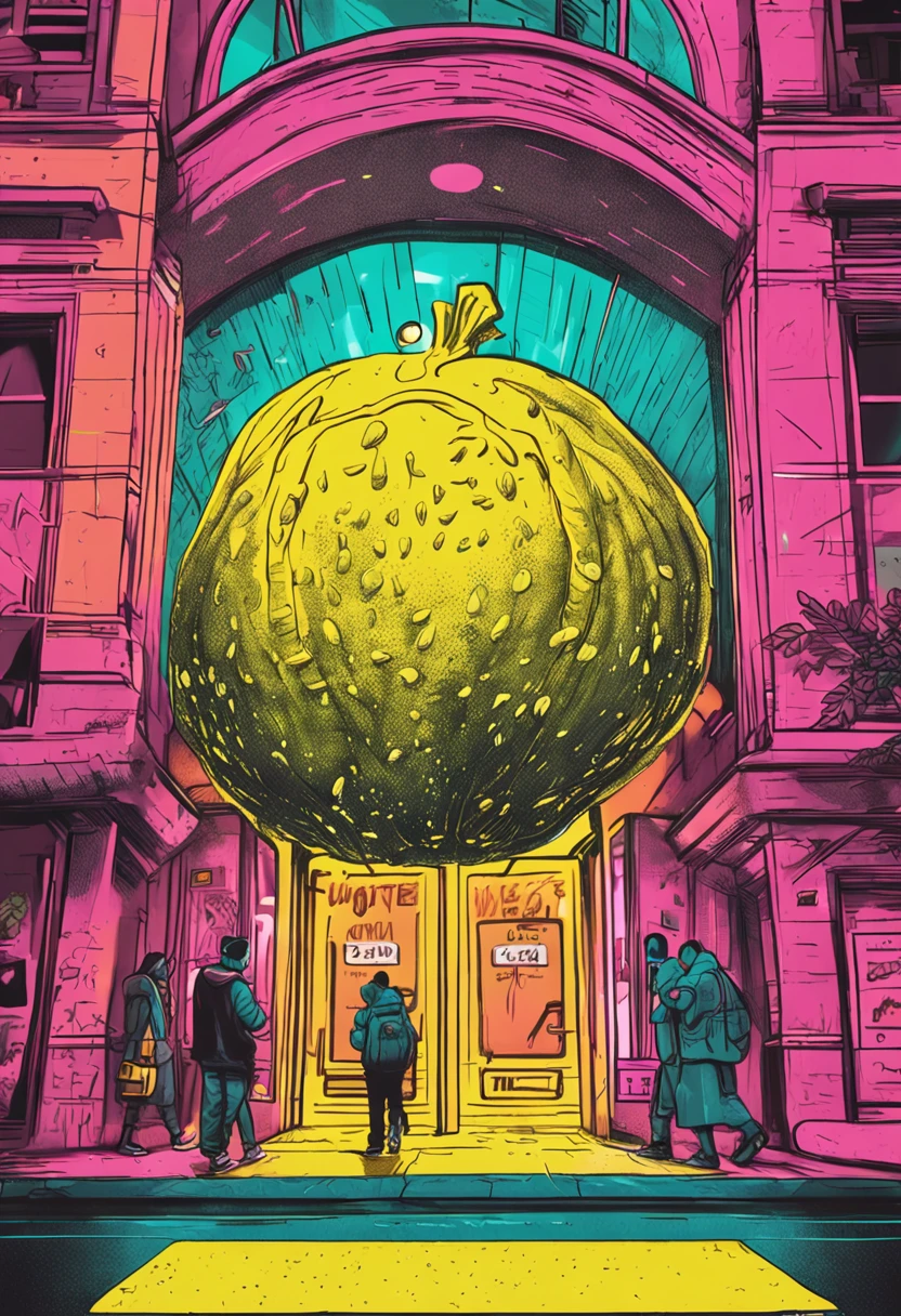 a giant lemon with a neon-lit entrance and people coming in