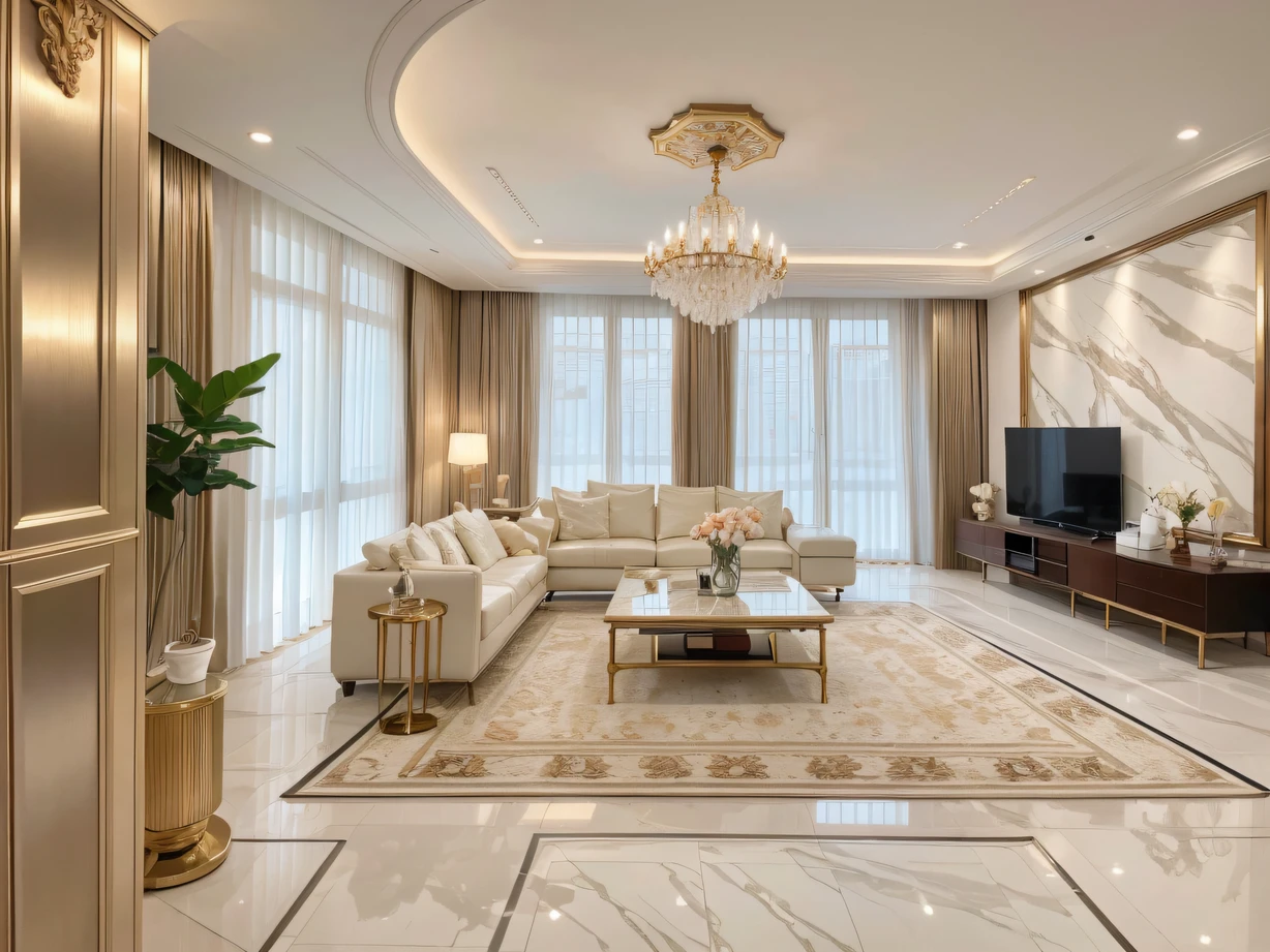 ,Masterpiece, Best quality,8K, 超高分辨率,As you step into this spacious and bright living room,It's like being in the hall of a luxury villa。The whole space is full of modern and classic design。Floor-to-ceiling windows let in warm sunlight,Illuminated the whole room。The flooring is made of marble floors,With gorgeous patterns,Background of haute couture rug,It is soft and comfortable to step on。sofe、The coffee table and decorative cabinet are made of the finest leather,The perfect combination of metallic texture and wood trim,Exudes luxury。A huge TV screen hangs on the wall,The sound is as powerful as being there。You sit on a soft sorab and drink a cup of fragrant coffee,Savor the beauty of life,Expect endless surprises and enjoyment from this space。