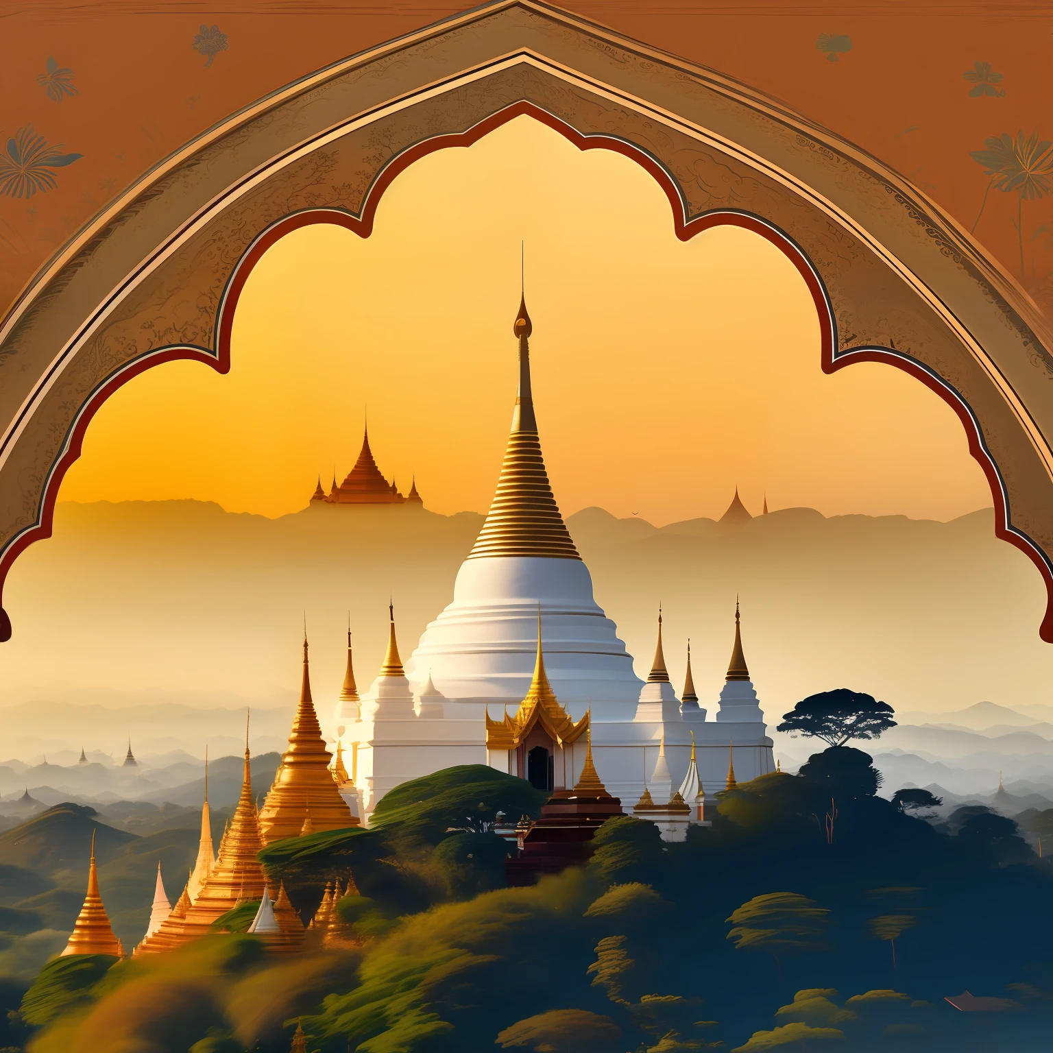 Vector art landscape of Myanmar, white pagoda and monastery on the hill, intricate image by Charles Angrand