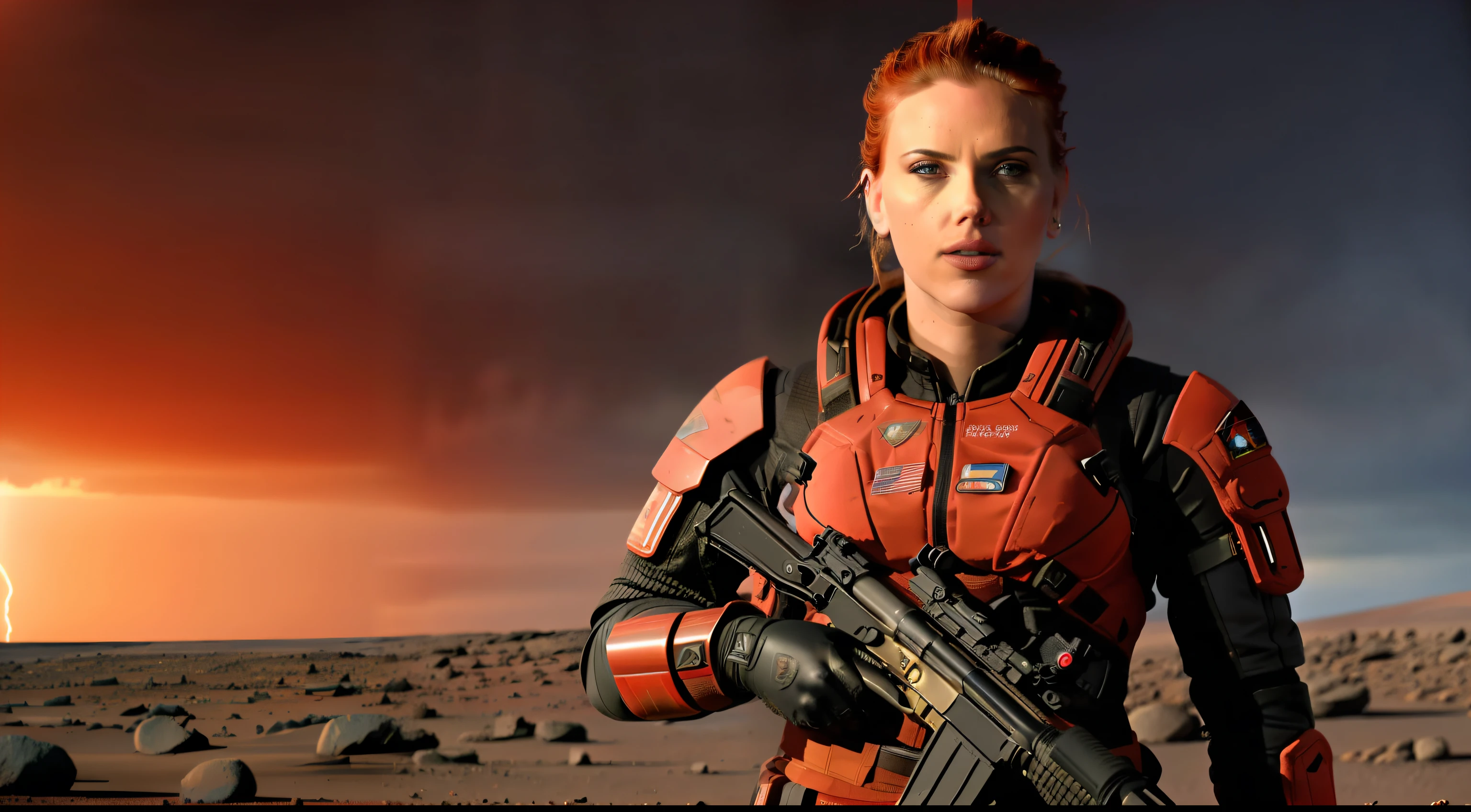 (8k, RAW photo, best quality, highres: 1.2), (realistic, photorealistic: 1.37), full body shot of Scarlett Johannsen holding a gun on Mars as a mass effect soldier in a futuristic outfit, (wielding a high-tech weapon), red hair, (off center), with a determined look on her face. The backdrop should depict a dystopian Martian landscape under a stormy sky. looking at the viewer, (135mm lens, F/1.8, lens flare)