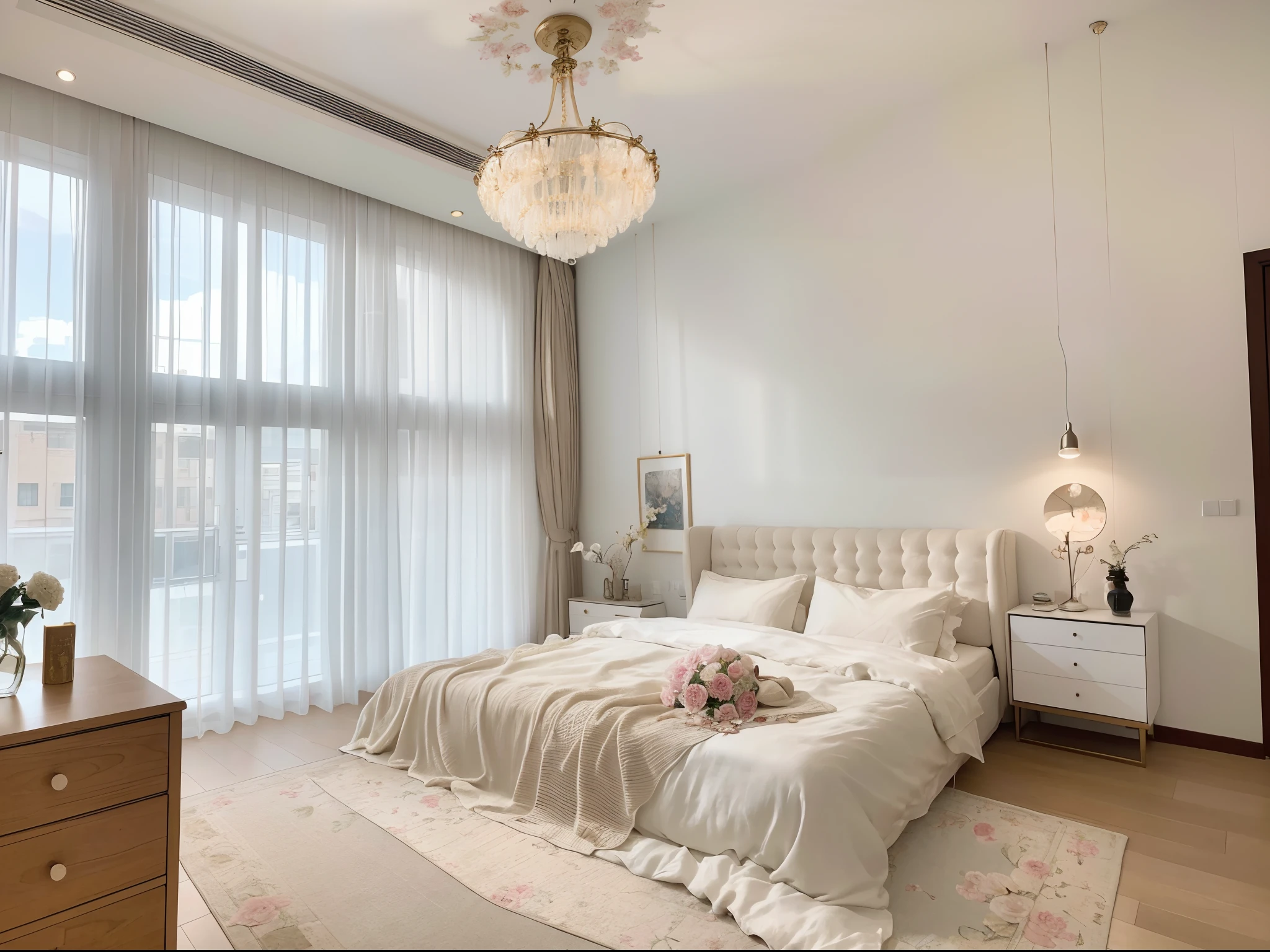 ,masterpiece, best quality,8k, ultra highres,As you walk into this picturesque bedroom,The whole body is surrounded by a gorgeous and luxurious atmosphere。The bed is covered with soft and comfortable silk linen,Pillowcases and feather duvets with delicate embroidery,Discover a different kind of luxury at the touch of a button。On the bedside table are bouquets of fresh flowers,Exudes a charming aroma,It's intoxicating。On the wall is a huge art painting,The delicate colors and unique composition highlight the taste and eye of the owner。The curtains are made of high-grade yarn materials,The breeze sways gently as it blows,It adds a touch of romance to the whole room。You lie comfortably on a soft bed,Watch the lights twinkle in the room,It's like entering a fairytale fantasy world,Endless beauty unfolds before your eyes。