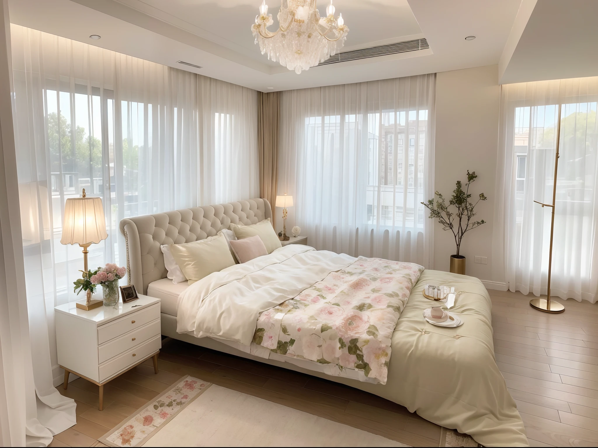 ,masterpiece, best quality,8k, ultra highres,As you walk into this picturesque bedroom,The whole body is surrounded by a gorgeous and luxurious atmosphere。The bed is covered with soft and comfortable silk linen,Pillowcases and feather duvets with delicate embroidery,Discover a different kind of luxury at the touch of a button。On the bedside table are bouquets of fresh flowers,Exudes a charming aroma,It's intoxicating。On the wall is a huge art painting,The delicate colors and unique composition highlight the taste and eye of the owner。The curtains are made of high-grade yarn materials,The breeze sways gently as it blows,It adds a touch of romance to the whole room。You lie comfortably on a soft bed,Watch the lights twinkle in the room,It's like entering a fairytale fantasy world,Endless beauty unfolds before your eyes。