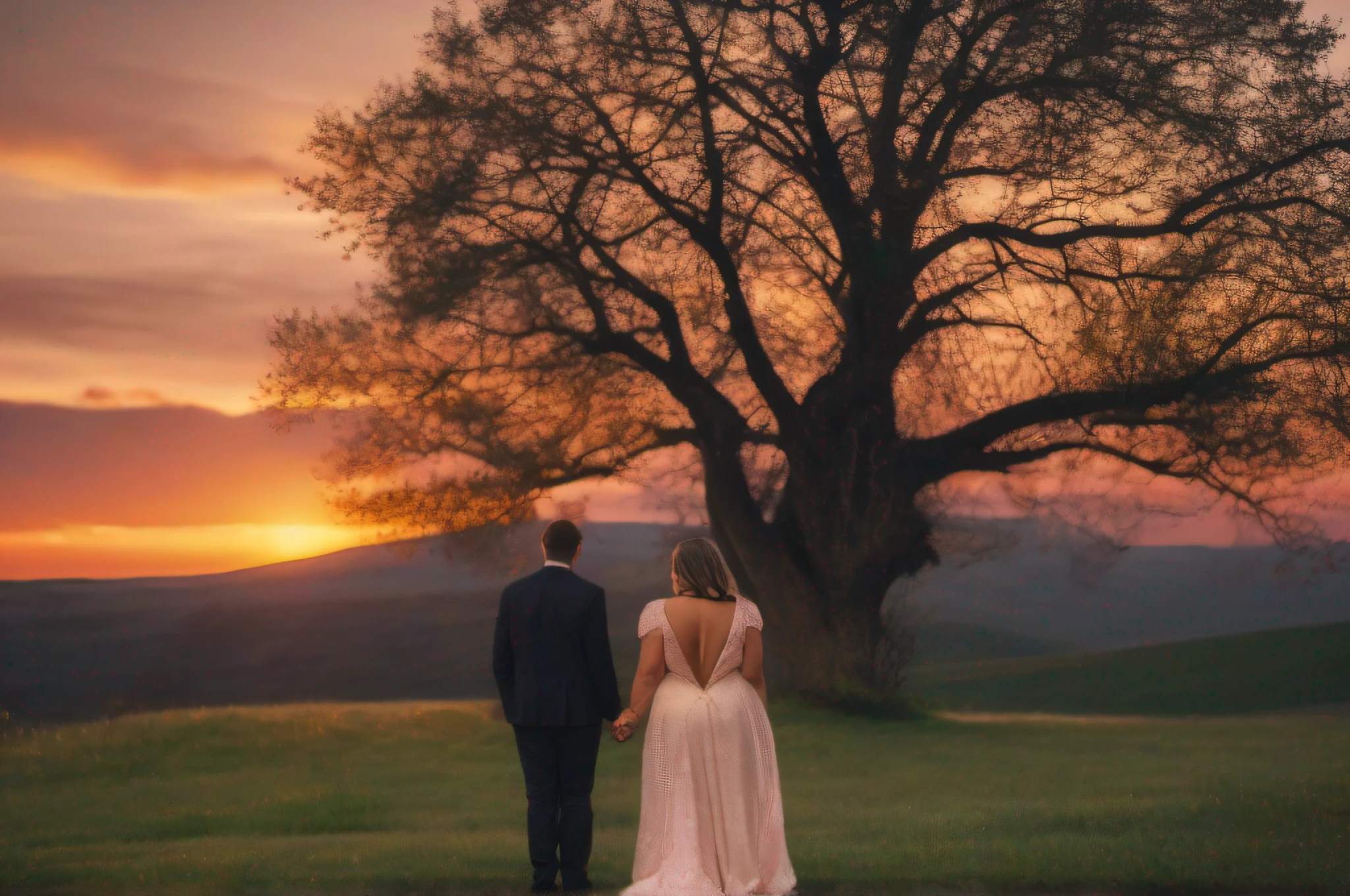 A couple deeply in love, embracing each other in a warm and affectionate hug, against a beautiful sunset backdrop.