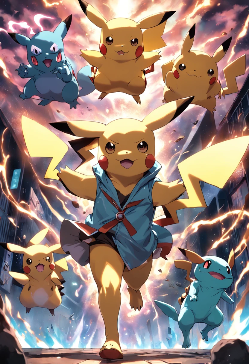 Pikachu、Jeni Turtle and Magic Frog Seed engage in fierce battles with Hell Charizard，Mewtwo and Dream Bureau appearances onlookers。