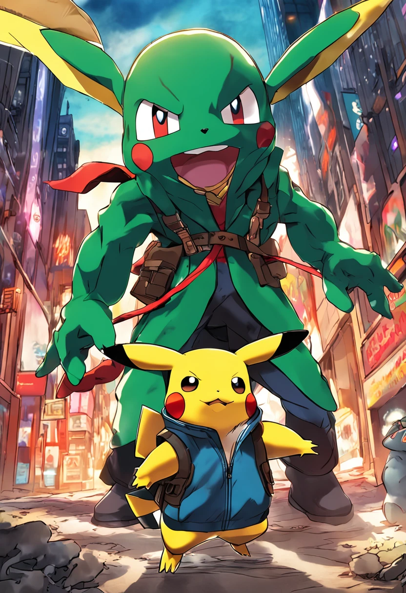 Pikachu、Jeni Turtle and Magic Frog Seed engage in fierce battles with Hell Charizard,Mewtwo and Dream Bureau appearances onlookers。