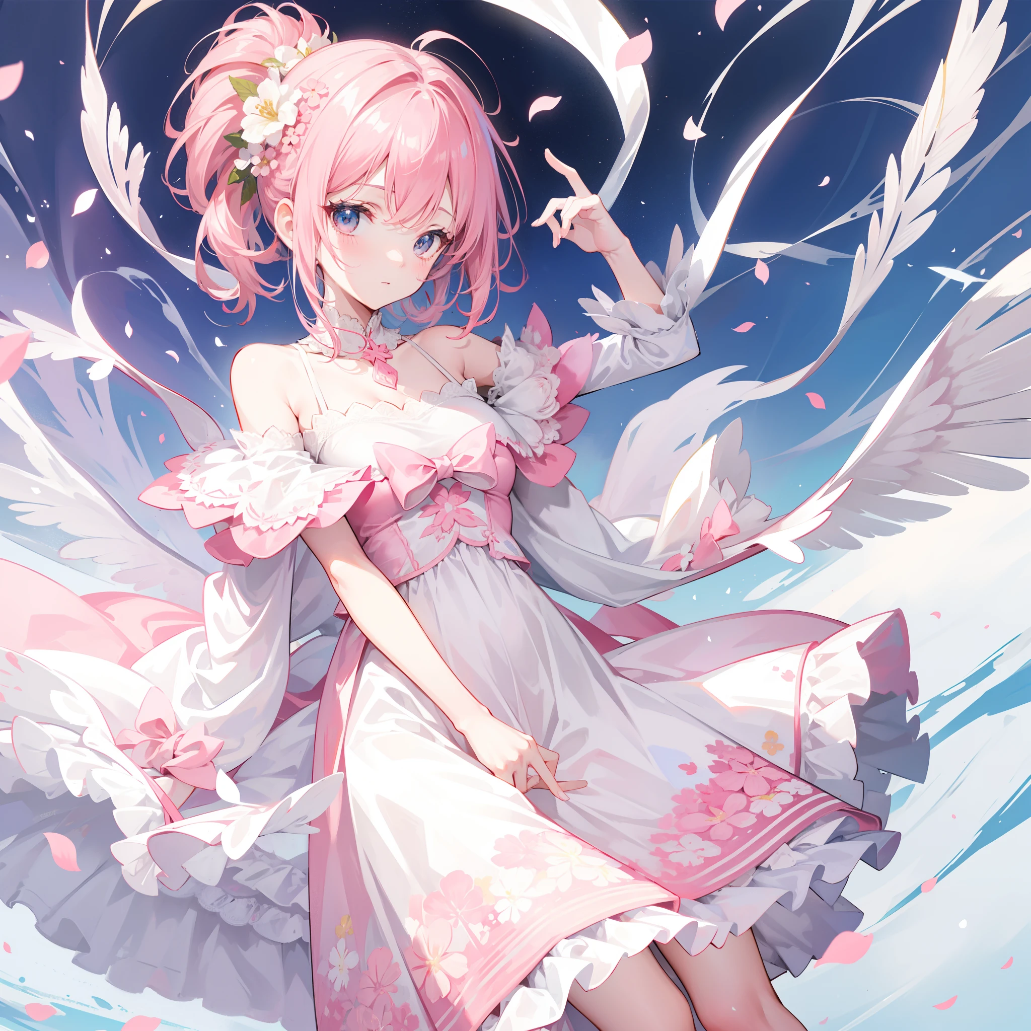 Short pink and white off-the-shoulder hair，Scallop white floral dress，Dignified and lovely teacher, Beautiful girl