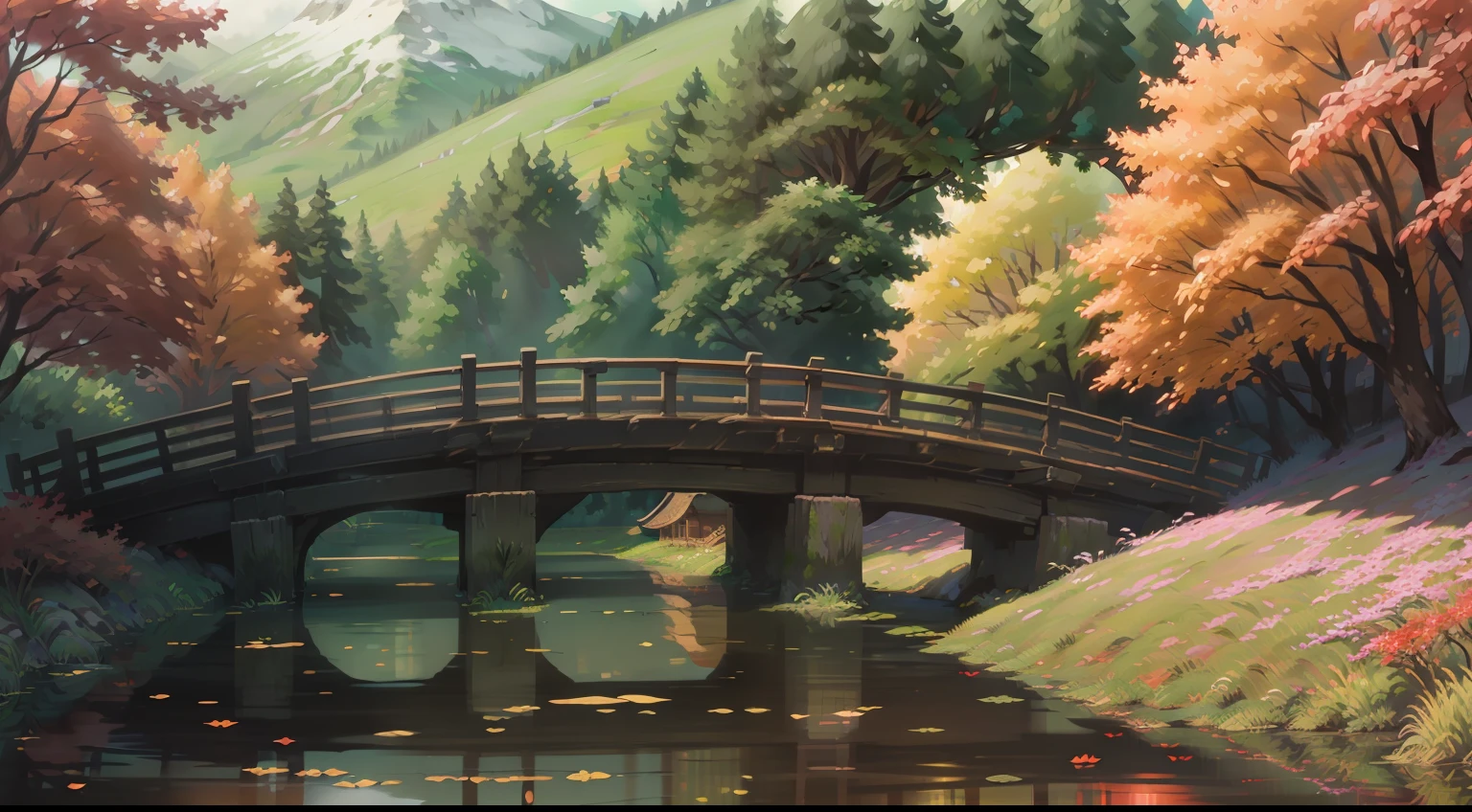 Lots of maple trees，Dilapidated wooden bridge，wood bridges，rios，Riverside jungle，Genshin style，illustration，filigree，Pure scenery，quadratic element，pivix，Red tones