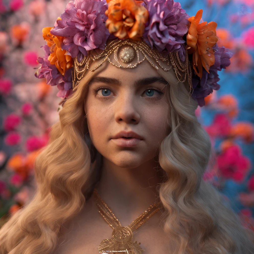 Uma jovem mulher com uma coroa de louros, adornado com flores.