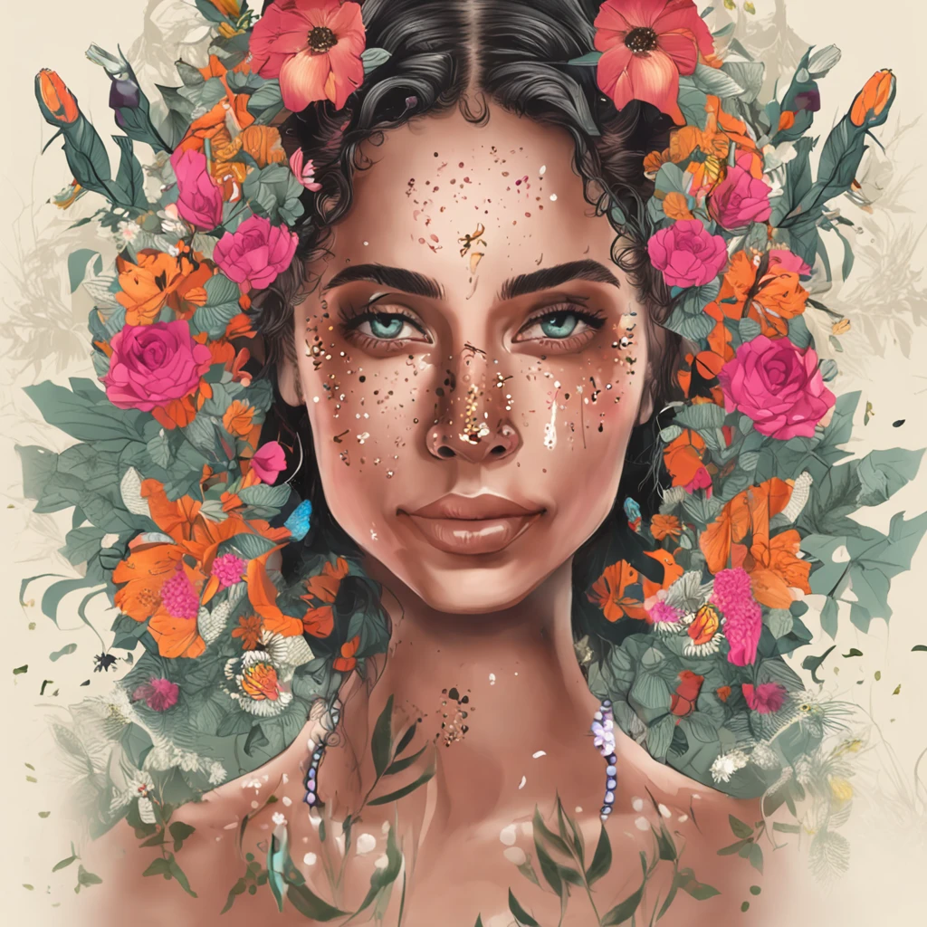 Uma jovem mulher com uma coroa de louros, adornado com flores.