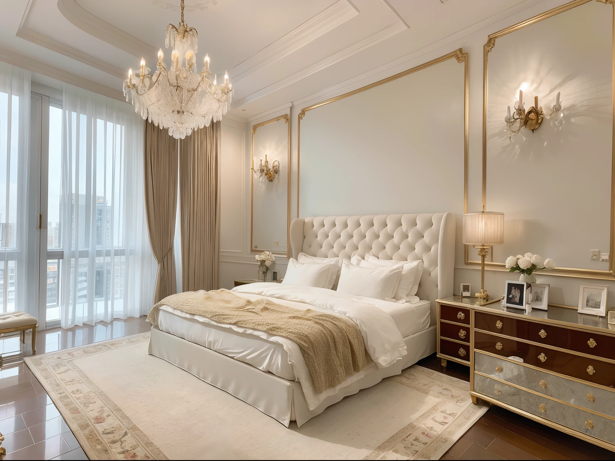 ,masterpiece, best quality,8k, ultra highres,As you step into this fantastic duplex suite,It's like entering an enchanting art temple。The spacious living room is decorated with valuable antique furniture and ornate crystal chandeliers,Let the whole space exude a strong aristocratic atmosphere。Next to the stairs is a wall,It is covered with exquisite paintings and precious works of art,Each one is a unique work of art。The bedrooms feature the finest cashmere linens and silk curtains,On the bedside table are delicate crystal ornaments,Shines with luxury。Outside the balcony is a wide terrace,Great view overlooking the whole city,It's like you're on top of the clouds。closing her eyes,You can feel the interweaving of luxury and comfort,The longing and anticipation in my heart are born。
