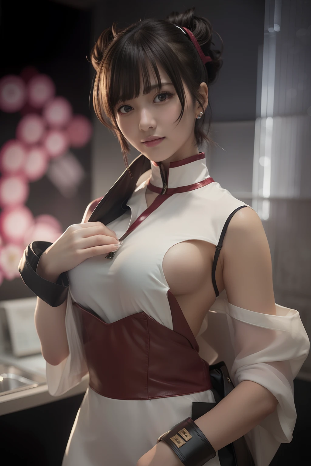 1girl, tenten in anime naruto, short hair, sexy dress, black hair, brown eyes, smile, beautiful, white and red clothes, very big breast, sexy clothes, realistic clothes, detail clothes, indoor wallpaper, wallpaper realistic, wallpapaer detail, indoor background, ultra detail, realistic