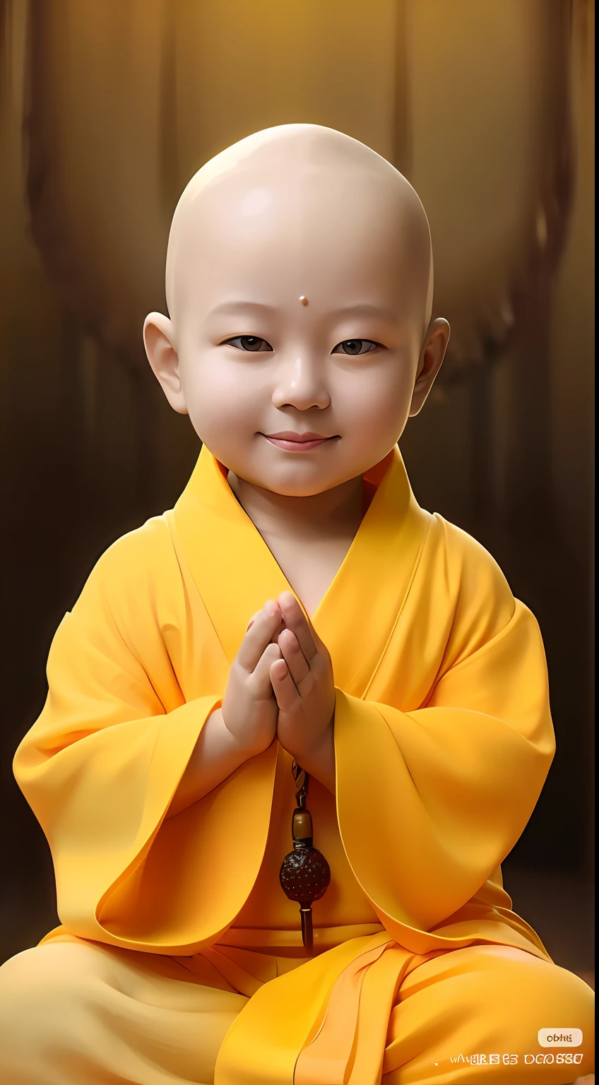 Alafard  sitting on wooden floor in yellow robes, Yellow robe, yellow robes, with yellow cloths, Buddhist, buddhist monk, monk clothes, Yan, dressed in simple robes, monk, blessing hand, lovely digital painting, he is greeting you warmly, Children, ruan jia beautiful!, Buddhism, portrait of monk, yanjun cheng, portrait shooting