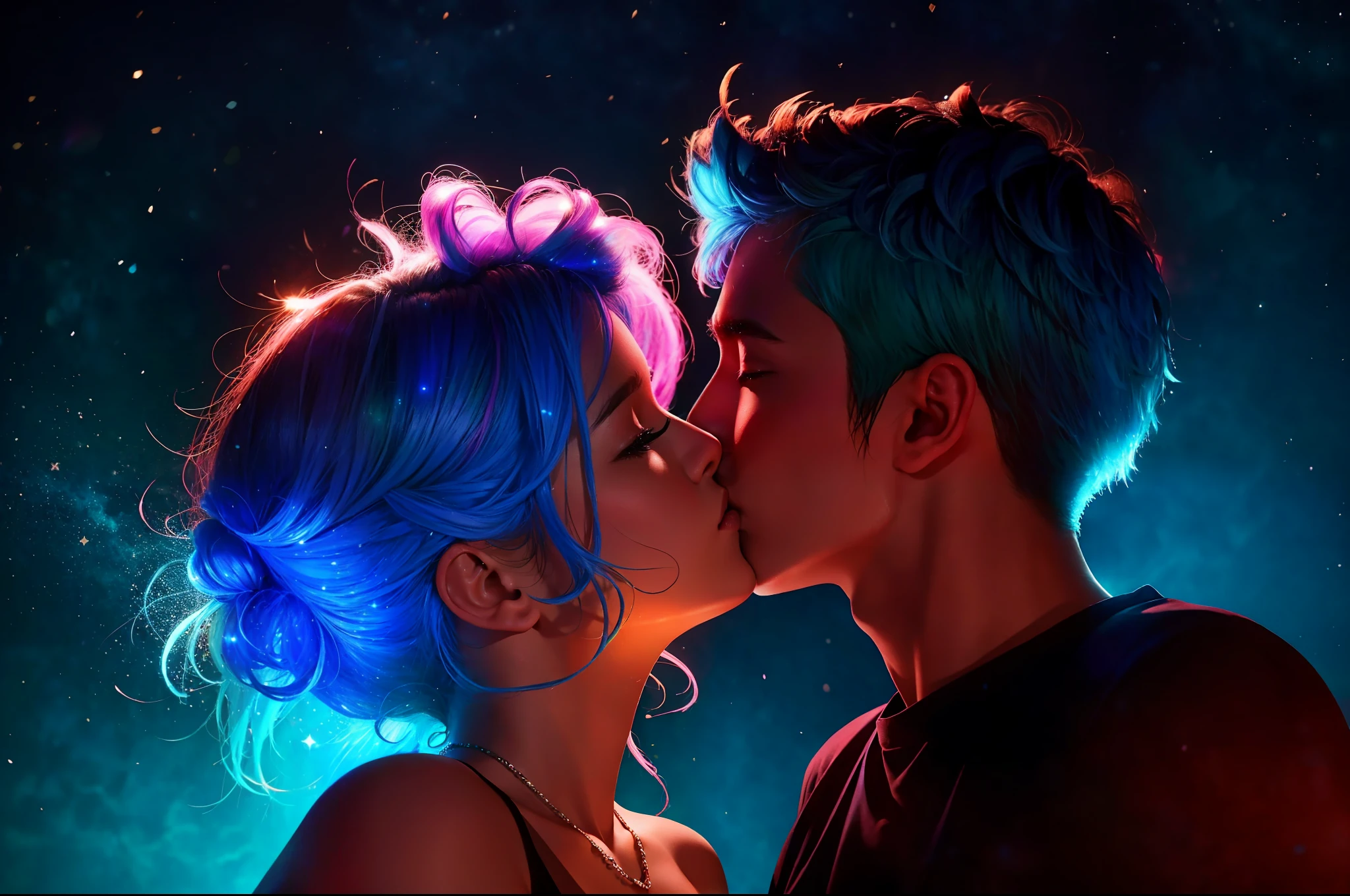 Romantic couple kissing in the wind，Blue-haired boy，Girl with pink hair，glowing stars，Glow effects，Heart-shaped bubbles，the night，On a cruise ship，fire works，The face is clear and accurate，detail in face，super-fine，beachside，16K resolution，high qulity，电影灯光，High picture detail，dynamic viewing angle，Detailed pubic hair，Epic shooting，oc rendered