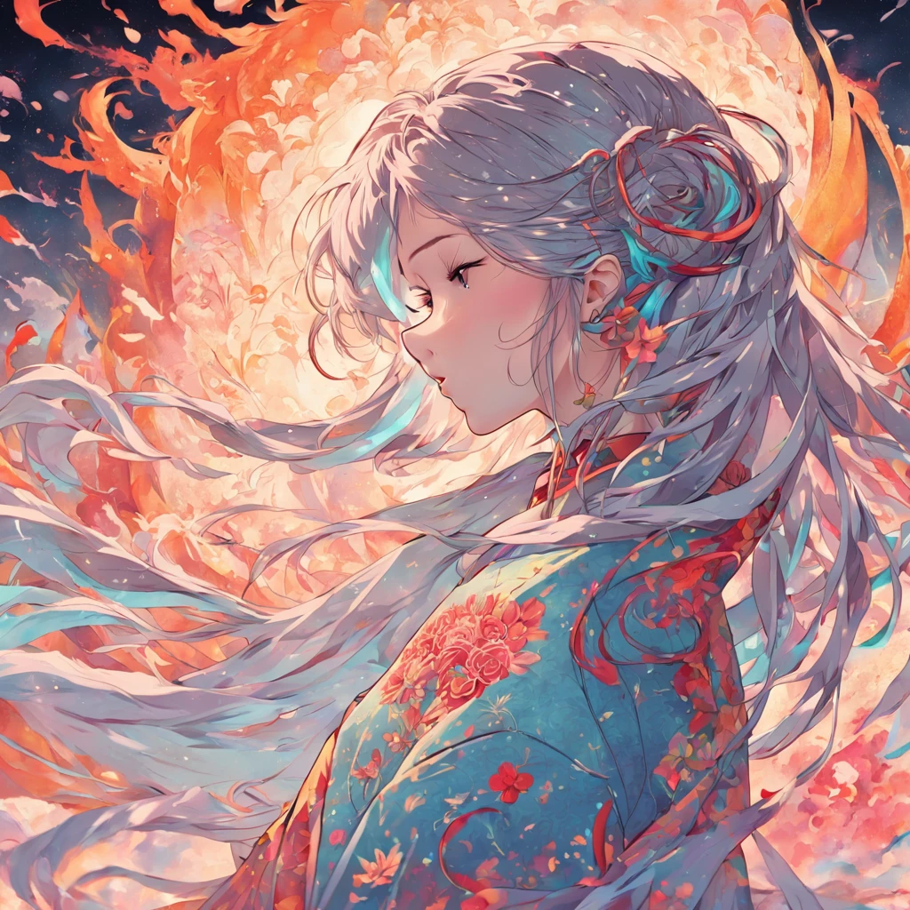 (White background:1.4),(Silhouette of a girl's head, Eyes closed, Colorful long hair, Oriental elements),(Chinese Illustration:1.3,paper art:1.3, Quilted Paper Art:1.2),( Reasonable design, Clear lines, High Sharpness,Best Quality, Very detailed, masutepiece, Movie Light Effects, 4K )