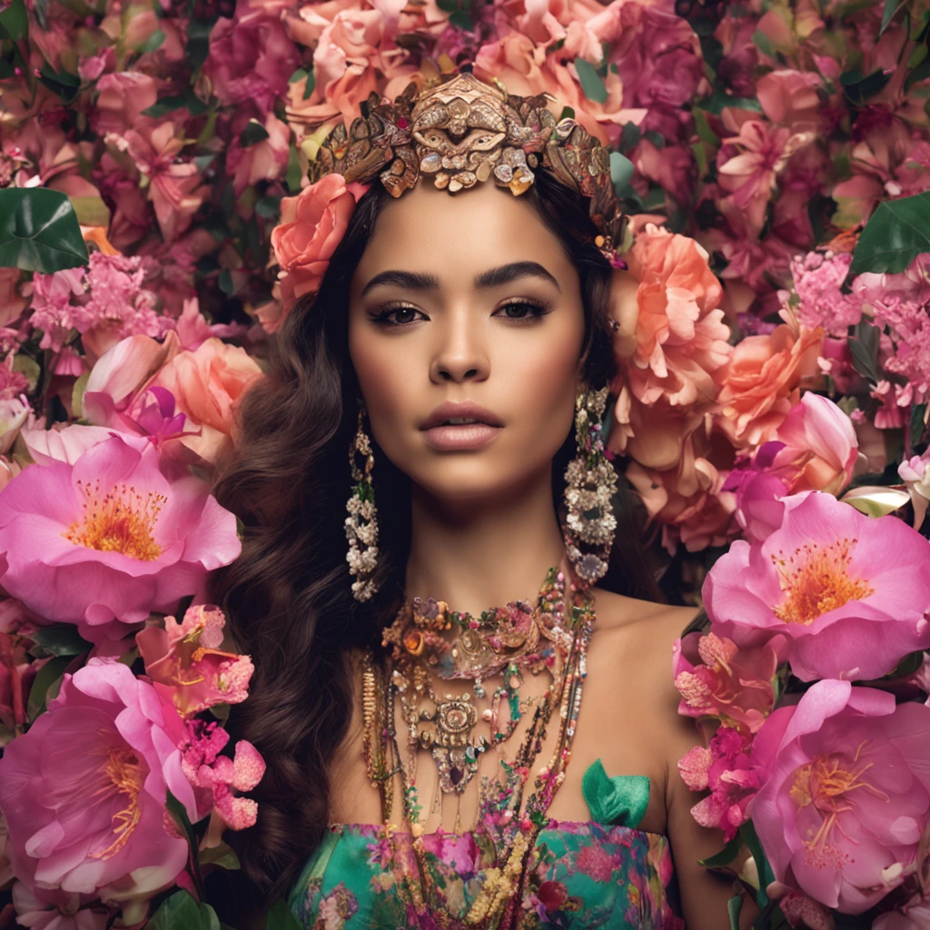 asiatica bonita, sexy, Uma jovem mulher com uma coroa de louros, adornado com flores.