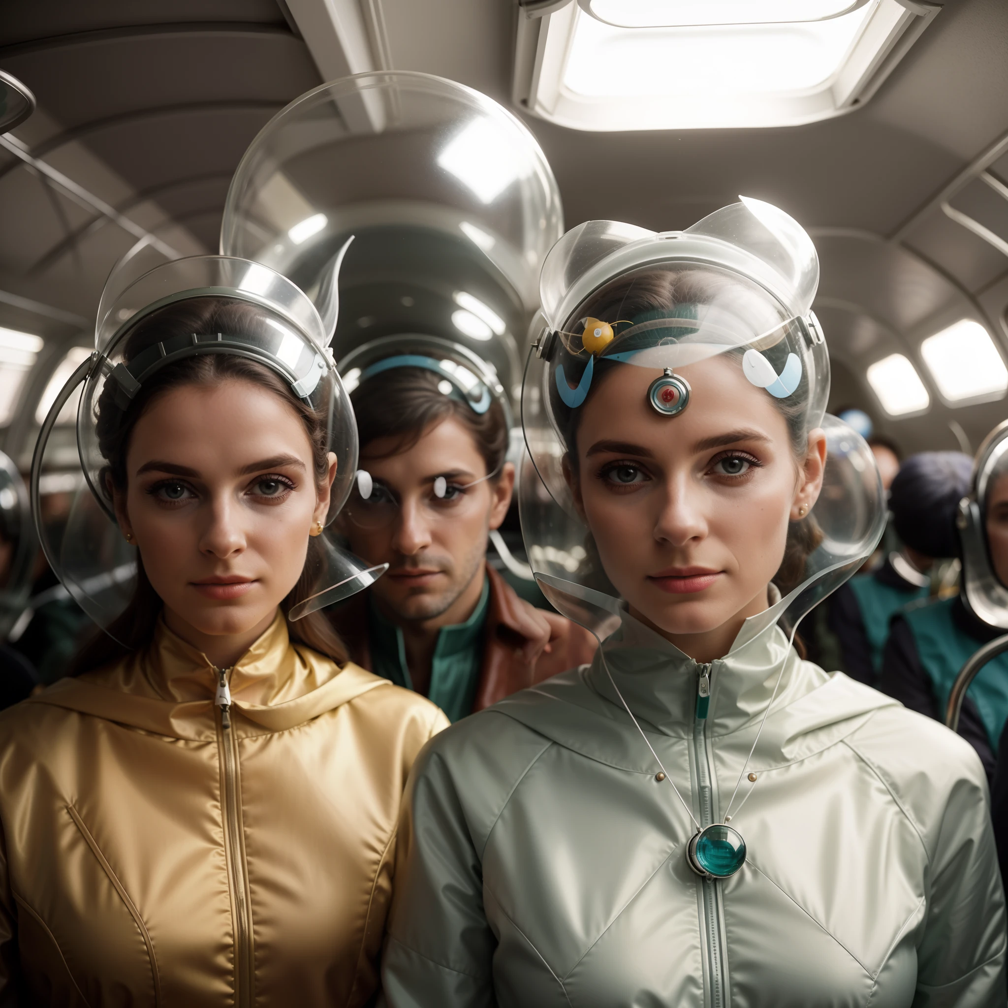 4k portrait of 1960s science fiction by Wes Anderson, Vogue anos 1960, pastels colors, Man with a fish mask wearing weird retro futuristic outfits and a woman wearing glass helmet and techno ornaments on the bus, Luz Natural, Psicodelia, futurista estranho, fotorrealista, hiper detalhado, foco nítido, Intrinsic, mid closeup, rosto e olhos perfeitos, grain of film, cinemactic, Bokeh lento | | | | | |, Epic composition, natural lightting, fotografia, Hiper realista, double-exposure, desfocado, desfoque de movimento, Absurdo, alto, alta qualidade, melhor qualidade, obra-prima, intrincado,