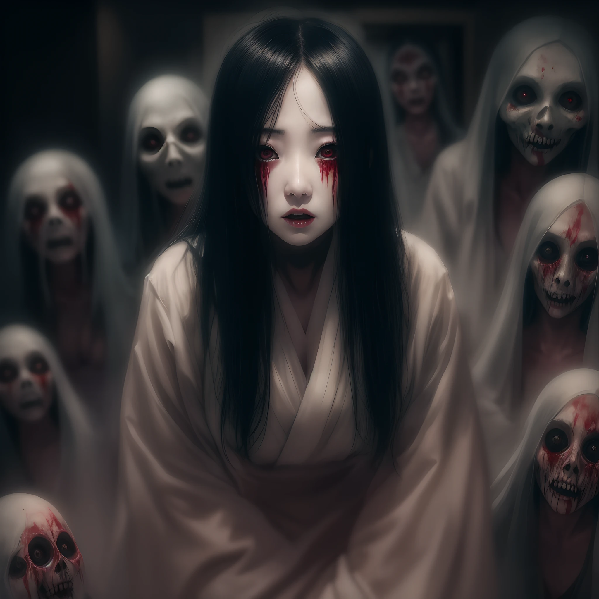 Ju-on the grudge, Kayako, age 30, milf, mature woman,yurei, crawling on the floor of a dimly lit attic:1.4, shocked face, bloody eyes, with ghostly figures lurking in the shadows and eerie portraits that seem to watch her every move.