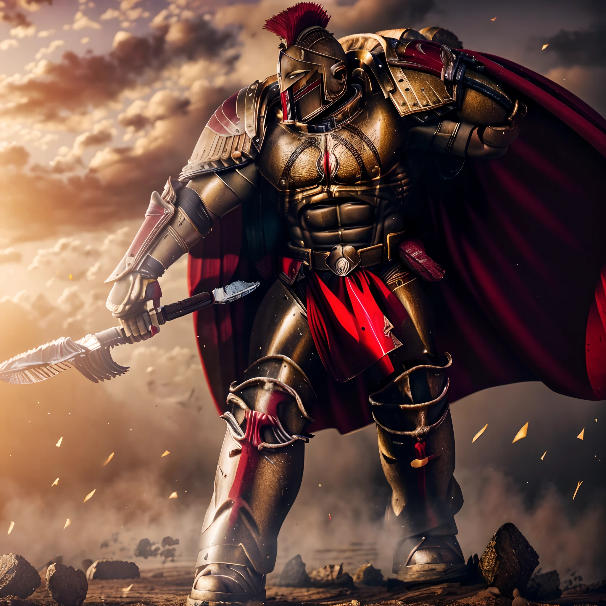 (8k wallpaper:1.2),(Ultra-high resolution:1.2),(masterpiece:1.1),wallpaper,High quality,masterpiece,(High detail),1man, Spartan warrior, wearing Spartan armour,gold armour, wearing a red cape,holding the shield and spear, surrounded by Spartans,