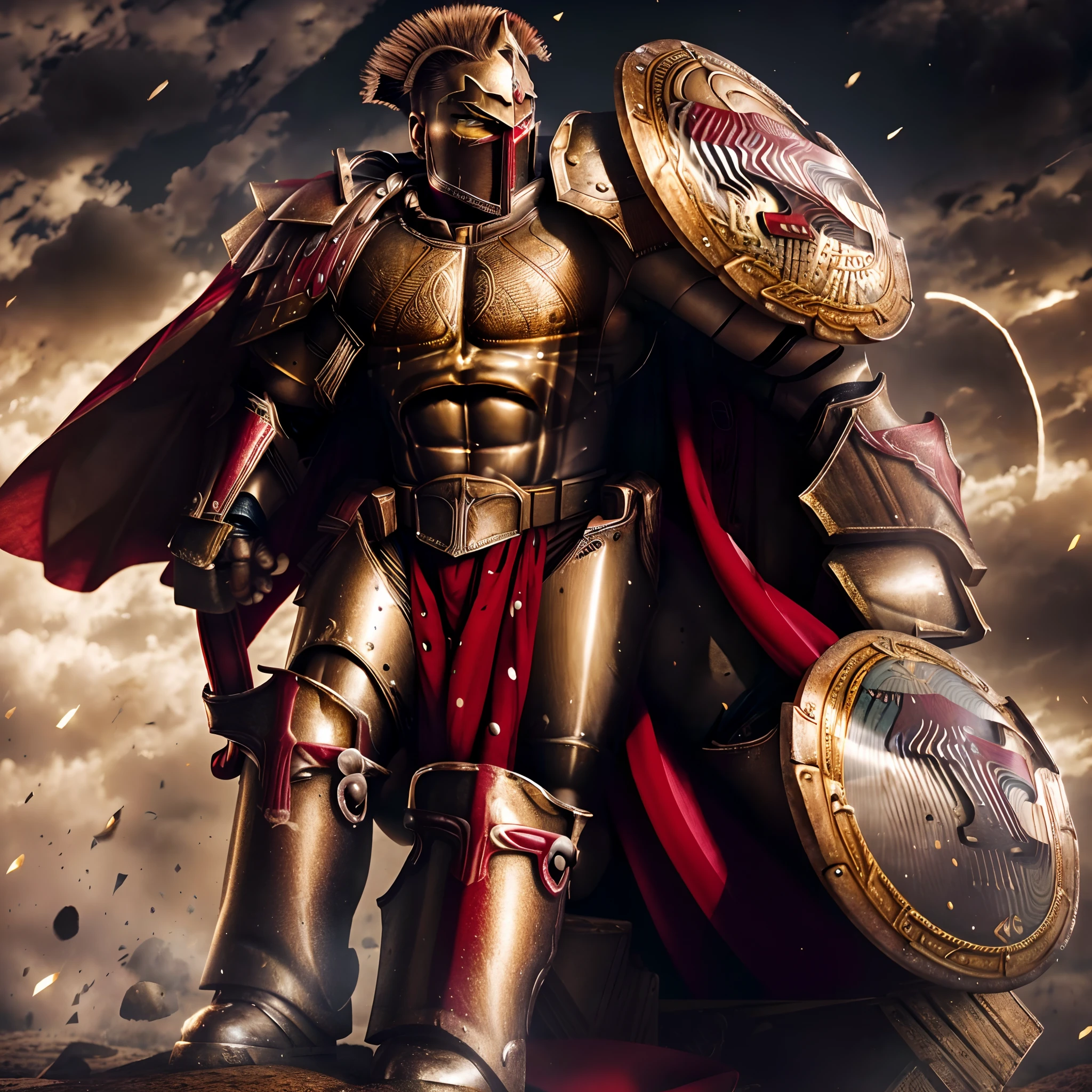 (8k wallpaper:1.2),(Ultra-high resolution:1.2),(masterpiece:1.1),wallpaper,High quality,masterpiece,(High detail),1man, Spartan warrior, wearing Spartan armour,gold armour, wearing a red cape,holding the shield and spear, surrounded by Spartans,