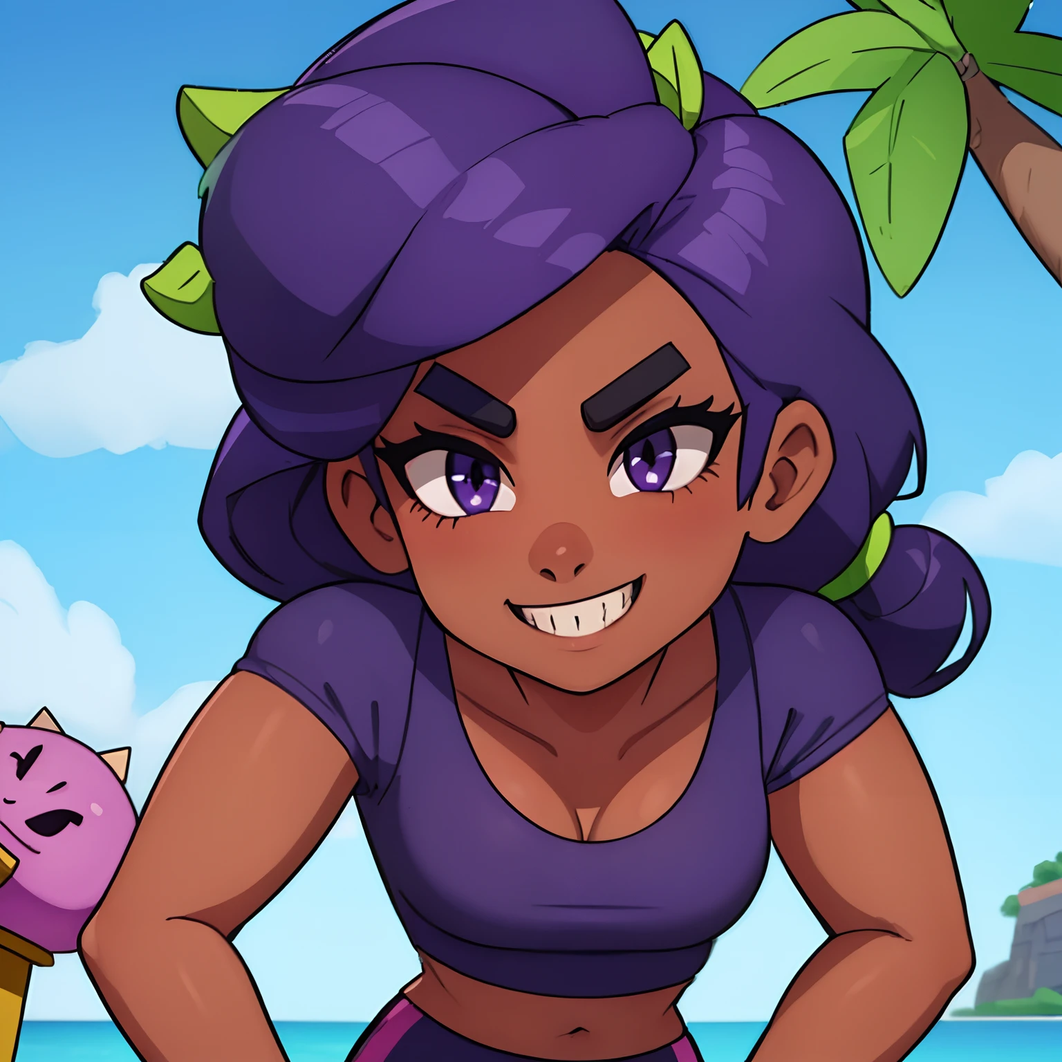 (brawlrosa:1.2), dark skin, purple hair, 1girl, solo, smile, medium breasts, looking at viewer, black sportswear