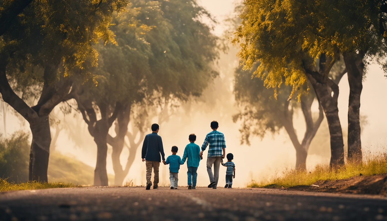 an asian family of four consists of four members: parents and two sons walking hand in hand on a long road leading to distant hills, few trees, high quality photos, real photos, super realistic , family near camera angle, taken with Canon EOS 5D, ((full body)), just four people, family standing back to the right,Everyone turns to the camera