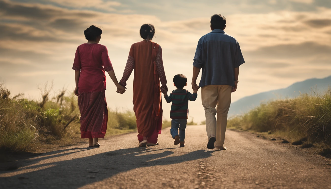 an asian family of four consists of four members: parents and two sons walking hand in hand on a long road leading to distant hills, few trees, high quality photos, real photos, super realistic , family near camera angle, taken with Canon EOS 5D, ((full body)), just four people, family standing back to the right,Everyone turns to the camera