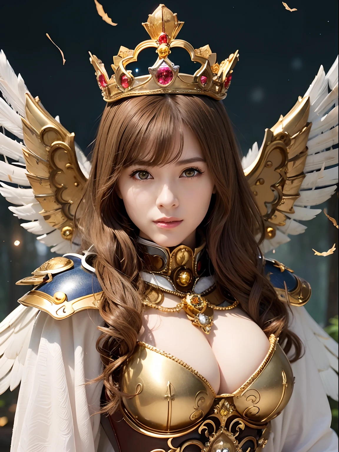 (masutepiece), Professional , masterpiece、top-quality、photos realistic , depth of fields 、(Wind element),tornado,Lightning,(Gemstone Silver Metal Body:1.9),(Matte White、(Gangle's forest background),(Brown hair long straight)、Jewel Gold Weapon、(Castle background),Gorgeous metal weapons,(Detailed and realistic angel white wings) , Detailed Sword of the Brave , Beautiful knife 、delicated face、20 years girl ,warhammer 40k , adepta sororitas,Detail and ornate jewel crown、a blond、(Gangle's forest background)、Beautiful Caucasian beauty、1a person、dynamic ungle,(((Detailed and ornate diamond crown)))、Smaller head、A smile、Powerful poses、Beautiful thin fingers of a woman、cleavage of the breast、