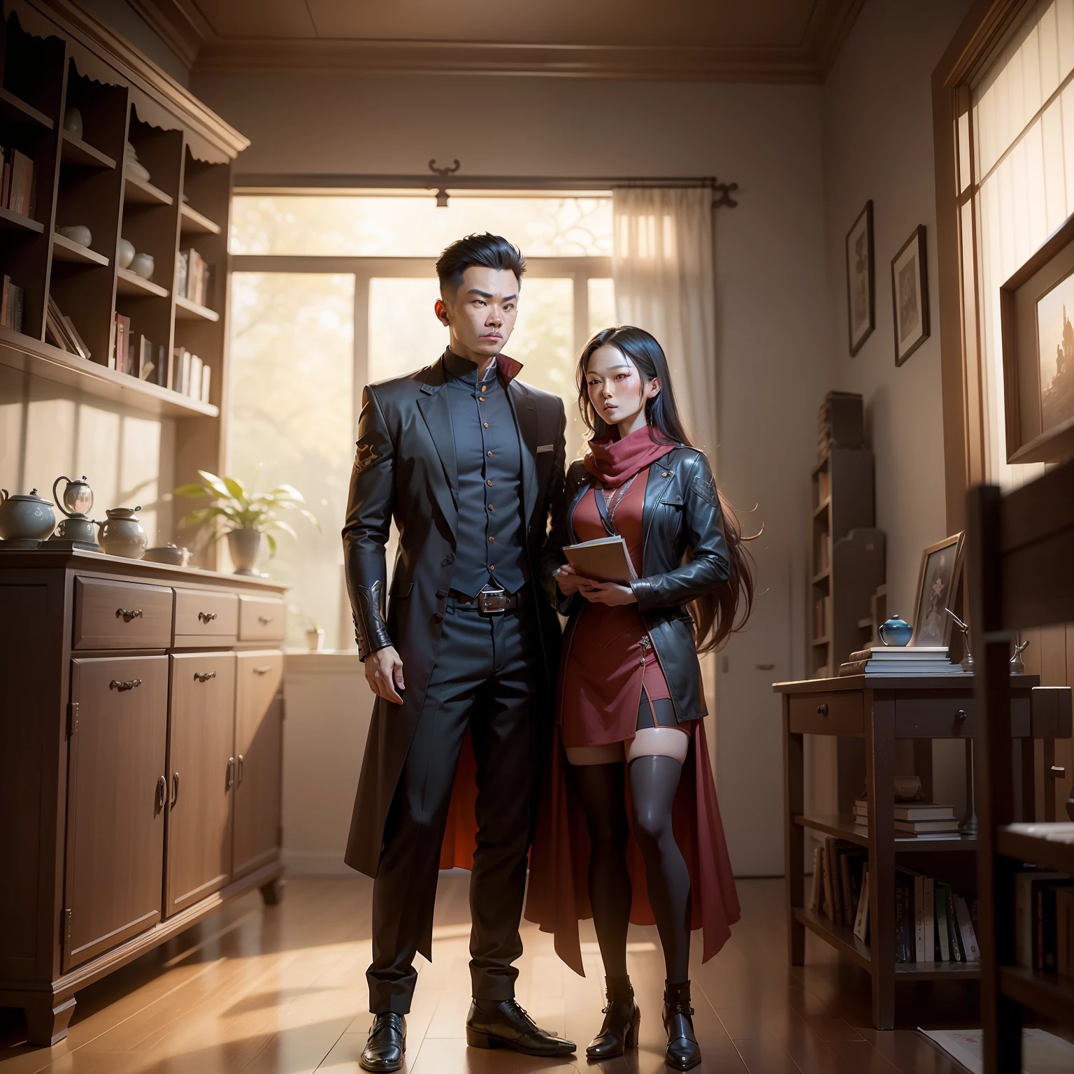 there are two people standing in front of a book shelf, ruan jia and brom, in style of lam manh, nostalgic 8k, duy beni serial, tyler edlin and natasha tan, lovely couple, nostalgic atmosphere, by Ruth Jên, facebook post, jordan grimmer and natasha tan, backdrop, by Emma Andijewska