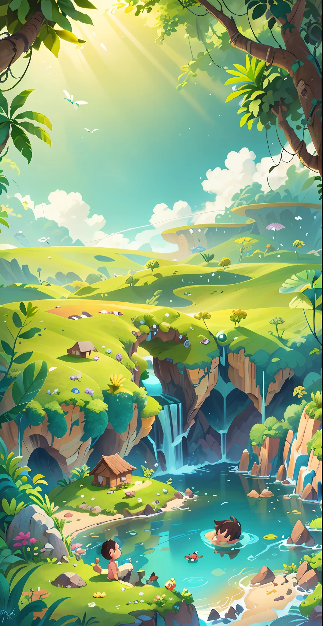 rios,Small rivers,small stream, spring, jungle, lake, cave, waterfall, tree, meadow, rock, hot spring, a plant,volcanoes,coconut palms,Antiquity,jurassic,Ancient plants,rios,grass field,grassy fields,Faraway view,mont,volcanoes,cliff,clouds,sun light, water vapor, brightly,verdure,Grass green,The colors are expressive,vibrant with colors,illustration,Cartoon drawing,Lively children's drawing,Illustrations in storybooks,Cartoon coloring page,KIDS ILLUSTRATION,Disney,cartoony,Paramount,dreamworks,(illustration: 1.0), epic composition, realistic lighting, HD details, masterpiece, best quality, (very detailed CG unified 8k wallpaper)