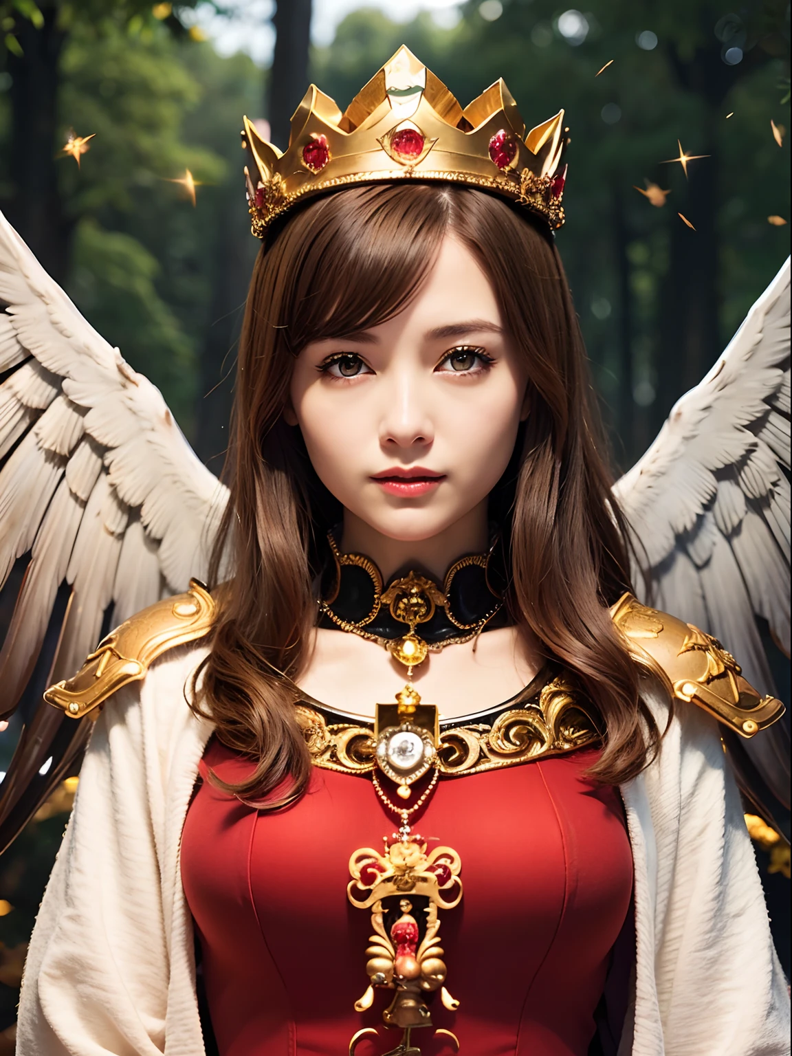(masutepiece), Professional , masterpiece、top-quality、photos realistic , depth of fields 、(Wind element),tornado,Lightning,(Gemstone Silver Metal Body:1.9),(Matte White、(Gangle's forest background),(Brown hair long straight)、Jewel Gold Weapon、(Castle background),Gorgeous metal weapons,(Detailed and realistic angel white wings) , Detailed Sword of the Brave , Beautiful knife 、delicated face、20 years girl ,warhammer 40k , adepta sororitas,Detail and ornate jewel crown、a blond、(Gangle's forest background)、Beautiful Caucasian beauty、1a person、dynamic ungle,(((Detailed and ornate diamond crown)))、Smaller head、A smile、Powerful poses、Beautiful thin fingers of a woman、cleavage of the breast、
