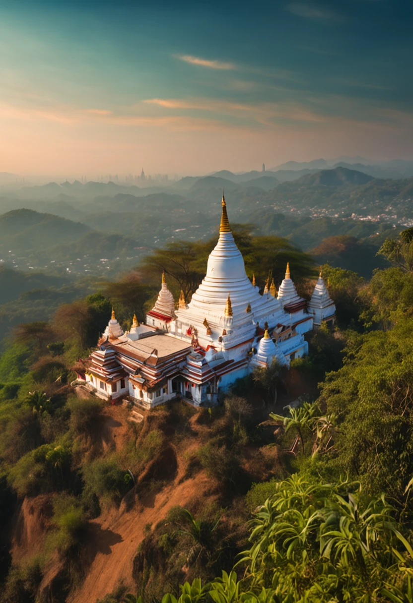 landscape of Myanmar, white pagoda and monastery on the hill, intricate image