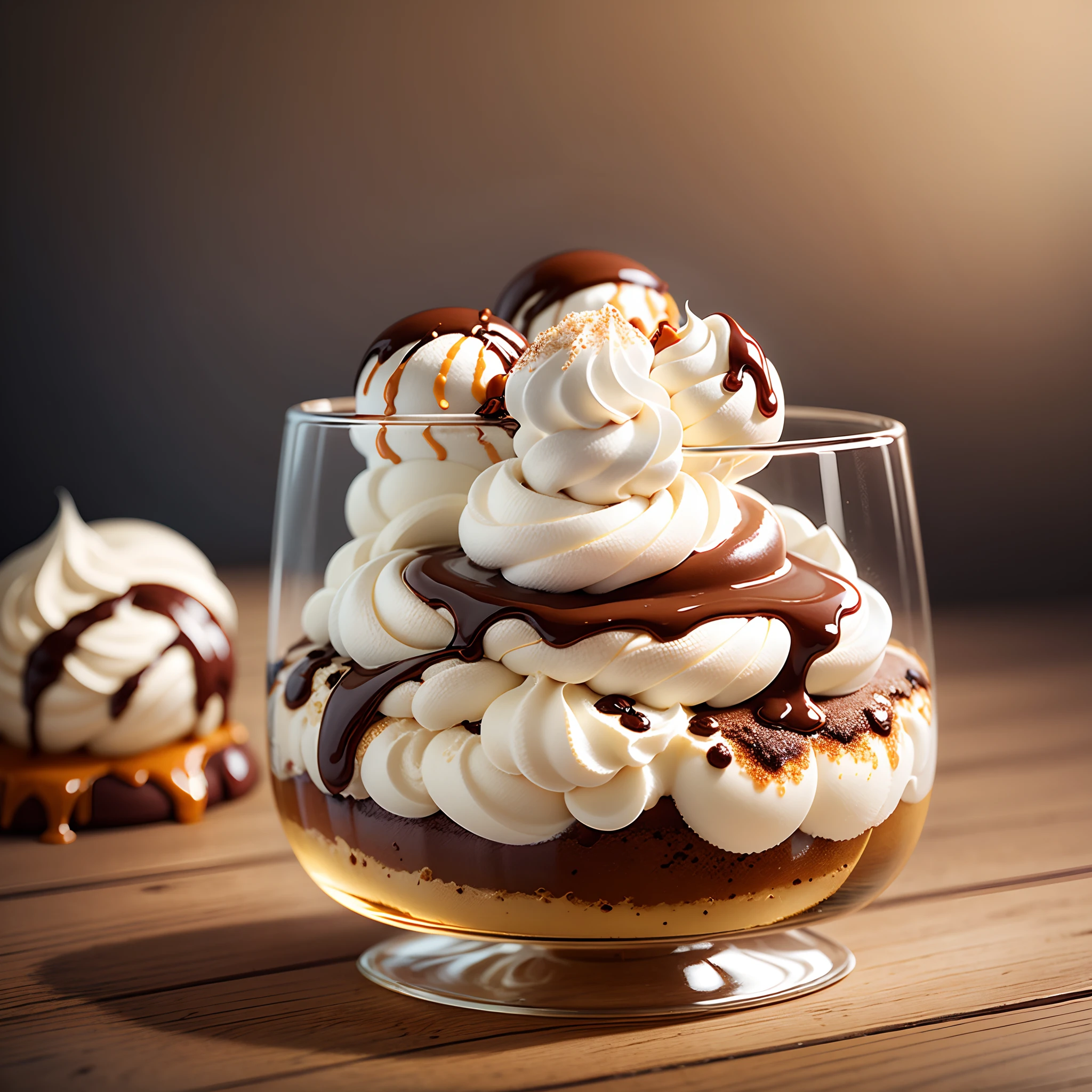 Ice cream with whipped cream, chocolate and caramel in a beautiful glass on the table,foodphoto, professional photography, intricate, unreal engine, lifelike  ,hyperrealistic, beautiful, Fujifilm, 3d, 24k, --auto --s2