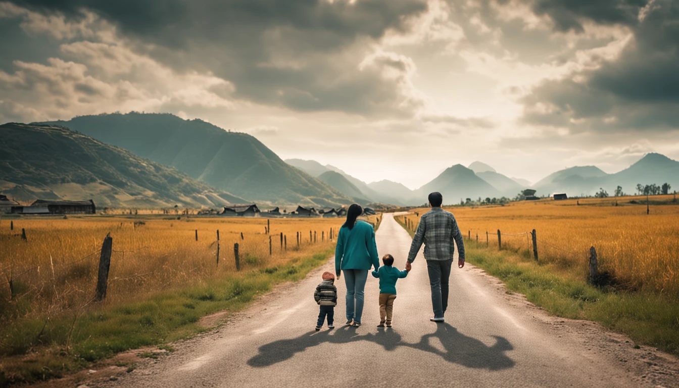 an asian family of four consists of four members: parents and two sons walking hand in hand on a long road leading to distant hills, few trees, high quality photos, real photos, super realistic , family near camera angle, taken with Canon EOS 5D, ((full body)), just four people, family standing back to the right,Everyone turns to the camera, village