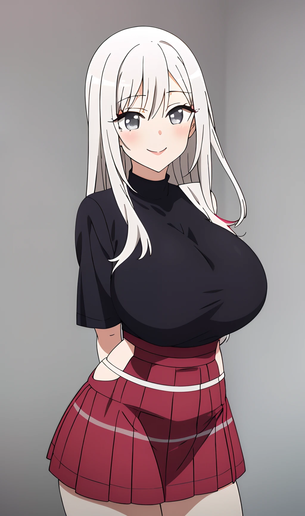 anime girl, big boobs, sexy, long white hair, wearing black crop top, gray eyes, wearing red skirt, plain white background, smiling while standing