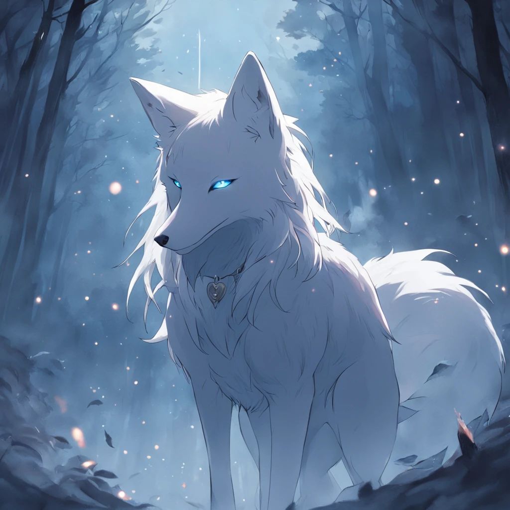 (Anime character with white hair and white wolf before the full moon:1.5), fantasy fox love, White-haired fox, white fox anime, Anime fantasy illustration,(Dark forest background,Blue transparent smoke surrounds),Huge white 9-tailed fox, art of silverfox,Best quality, Masterpiece, 超高分辨率, (photograph realistic:1.4), ultra-realistic realism, Dream-like,fusionart, Shadowdancer, shadow magic, darkness control, stealth, shadowstep, umbral spells,