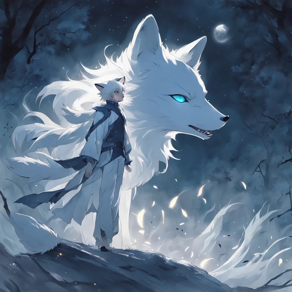 (Anime character with white hair and white wolf before the full moon:1.5), fantasy fox love, White-haired fox, white fox anime, Anime fantasy illustration,(Dark forest background，Blue transparent smoke surrounds)，Huge white 9-tailed fox, art of silverfox,Best quality, Masterpiece, 超高分辨率, (photograph realistic:1.4), ultra-realistic realism, Dream-like,fusionart, Shadowdancer, shadow magic, darkness control, stealth, shadowstep, umbral spells,