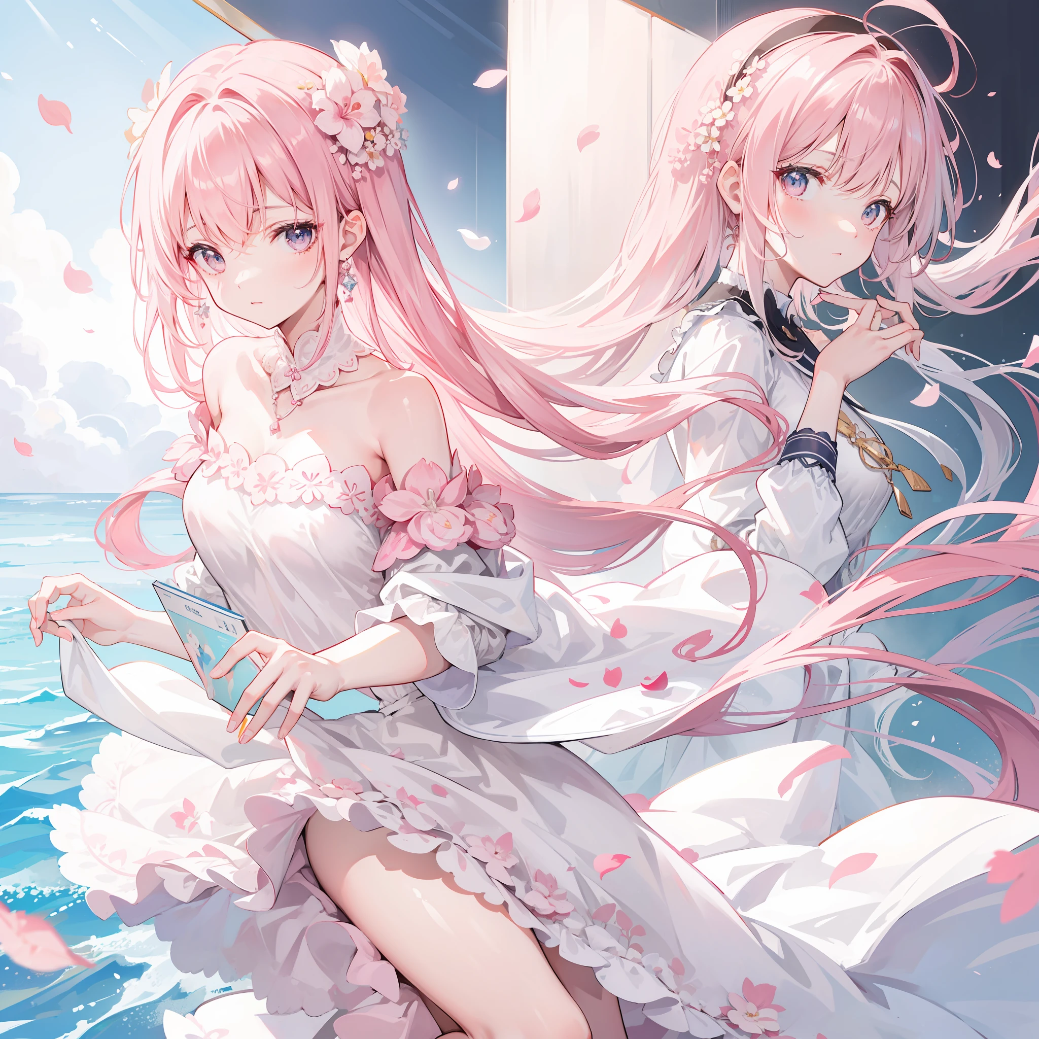 Short pink and white off-the-shoulder hair,Scallop white floral dress,Dignified and lovely teacher, Beautiful girl