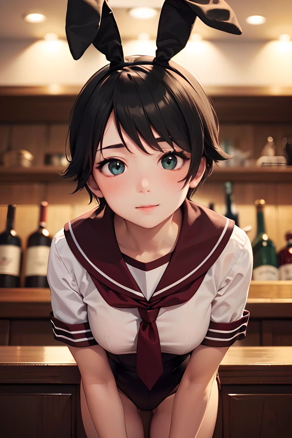 ((masterpiece,best quality)), highres, extremely detailed 8K wallpaper, depth_of_field, best shadow, (Colorful),(Delicate eyes and face), nice hand, Perfect hands, volumatic light, Ray tracing, BREAK
(1girl in), mogami \(kancolle\), black hair, short hair, black eyes / green eyes, swept bangs, small breasts, slender, skinny, Happy, blush, BREAK,
(wear white school uniform top over black playboy_bunny leotard:1.3), (sailor collar:1.5), (red tie:1.3), (white fake animal ears), (Parted clothes at the top and bottom:1.2), (short sleeves:1.1), (black BunnyGirl Costume:0.8), (fishnet stockings:1.2), High heels, (rabbit_tail:1.2), BREAK,
Cowboy Shots, Looking at Viewer, stomach focus, inside the bar, Ultra detailed backgrounds,