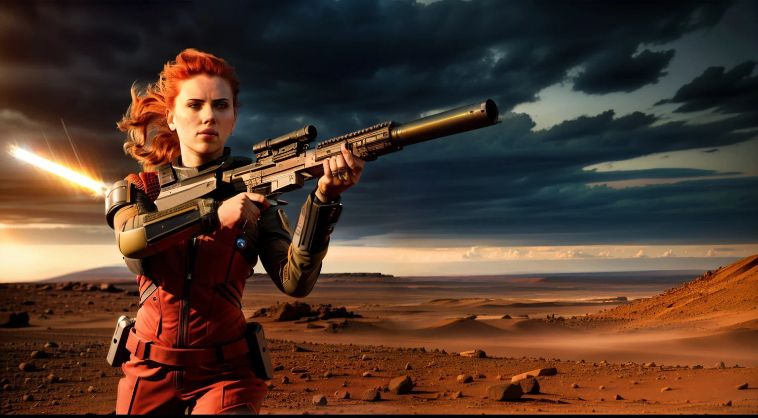 (8k, RAW photo, best quality, highres: 1.2), (realistic, photorealistic: 1.37), full body shot of Scarlett Johannsen shooting a gun on Mars as a mass effect soldier in a futuristic outfit, (wielding a high-tech weapon), red hair, (off center), with a determined look on her face. The backdrop should depict a dystopian Martian landscape under a stormy sky. facing the right, (135mm lens, F/1.8, lens flare)