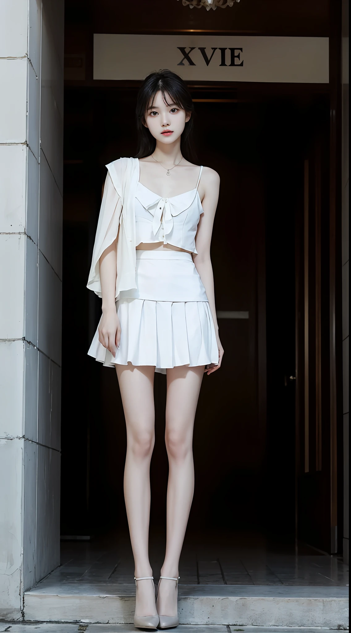 top Quority,Ultra-clear resolution,Clear eyes,plain face,s the perfect face,White skin,Perfect chest,with perfect legs,Long legs,Short black style skirt,Random environment