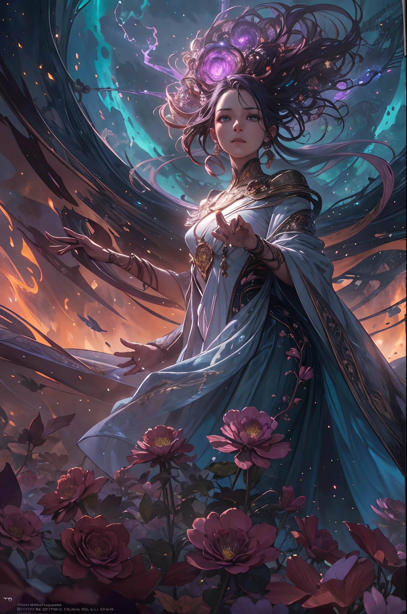 (best quality, masterpiece:1.2), (smokestyle theme:1.1), (full body:0.6), (purple lightning), A spellbinding tale of a resolute girl, meticulously portrayed in a photorealistic marvel. Her firm gaze, illuminated by iridescent eyes, remains unyielding as she conjures an ethereal arcane spell, releasing a cascade of radiant particles. Donned in a flowing white robe, her hair dances amidst the wind while a living flame envelops her in a symbiotic dance of power. The backdrop reveals a somber battlefield under a resplendent T15 sky, roses:7643-s adorning the war-torn landscape. With eyes ablaze in determination, she commands a spellbinding realm where fantasy intertwines with reality. Guided by the visionary artistry of mushroom:&Wadim Kashin Max Way Of:1.5, the scene boasts bioluminescent skin, detailed face, and intricate elements. As a transparent red forest looms, a floral draconic entity, inspired by the innovation of Jean-blue, evokes awe. This tale of cosmic allure embraces the celestial, guided by the Fractal halo brilliance that defines WLOP's artistry. From the dark realms of fantasy art styles by mucha to the echoes of fairytales penned by kentaro miura, the narrative deepens, punctuated by Masingokaze's small arrows, intricate bioluminescence, and the dynamic pulse of the trending art style beeple. An alluring portrait comes alive through octane rendering and digital matte painting, captivating the senses in a tale of boundless fantasy